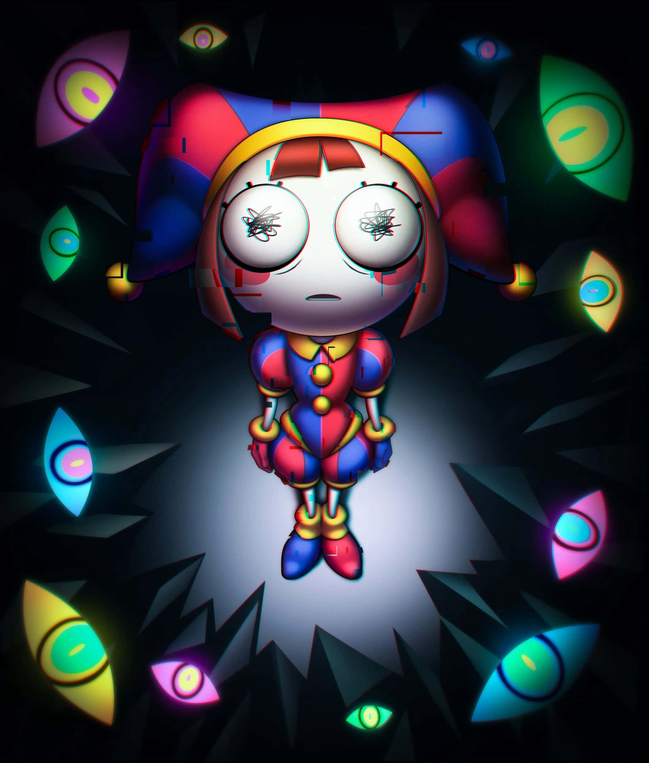 colorful clown character, glowing colorful eyes, dark spiky background, Full HD Phone Wallpaper