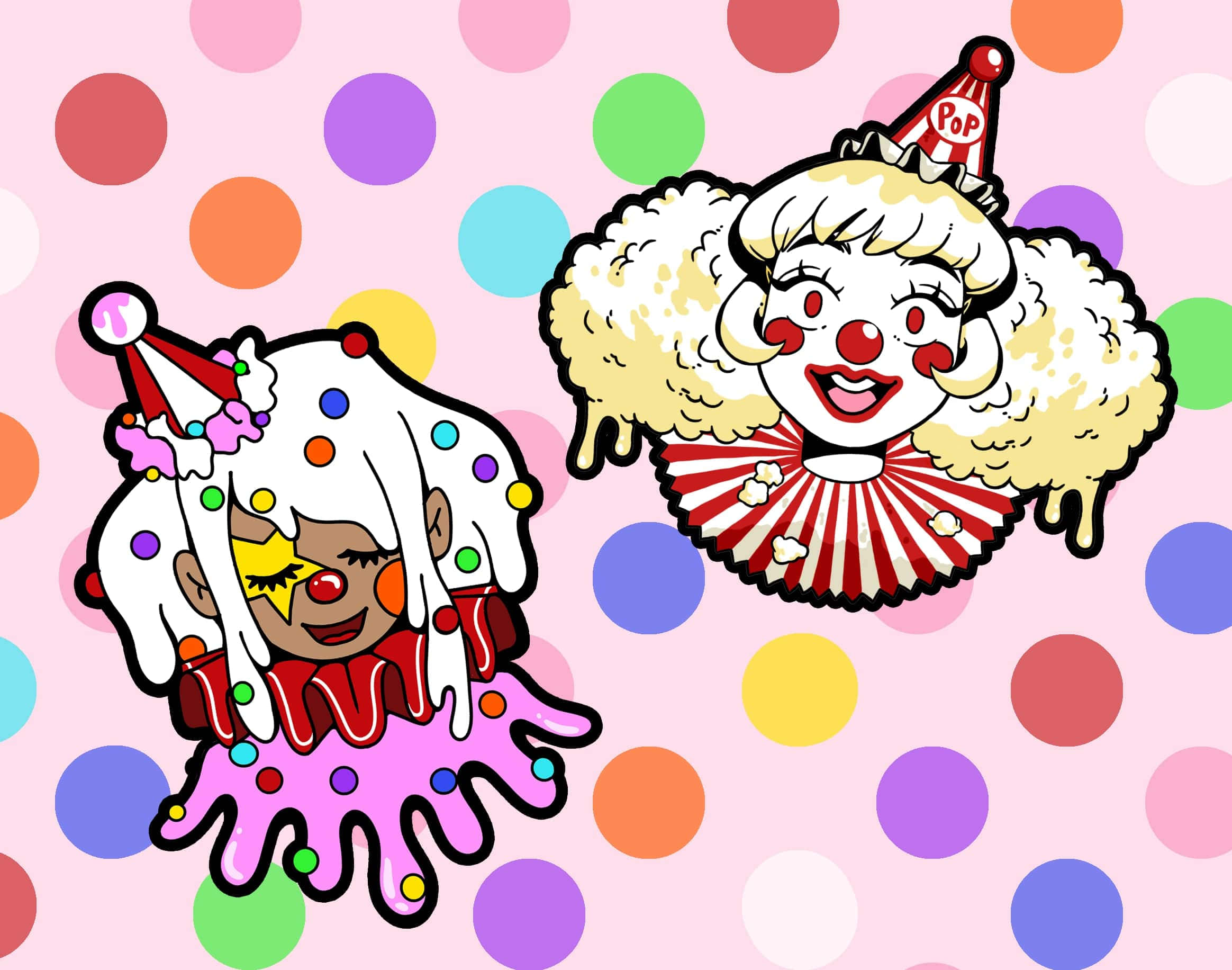 clowncore, vibrant cartoon clowns, dripping frosting, Full HD Desktop Wallpaper