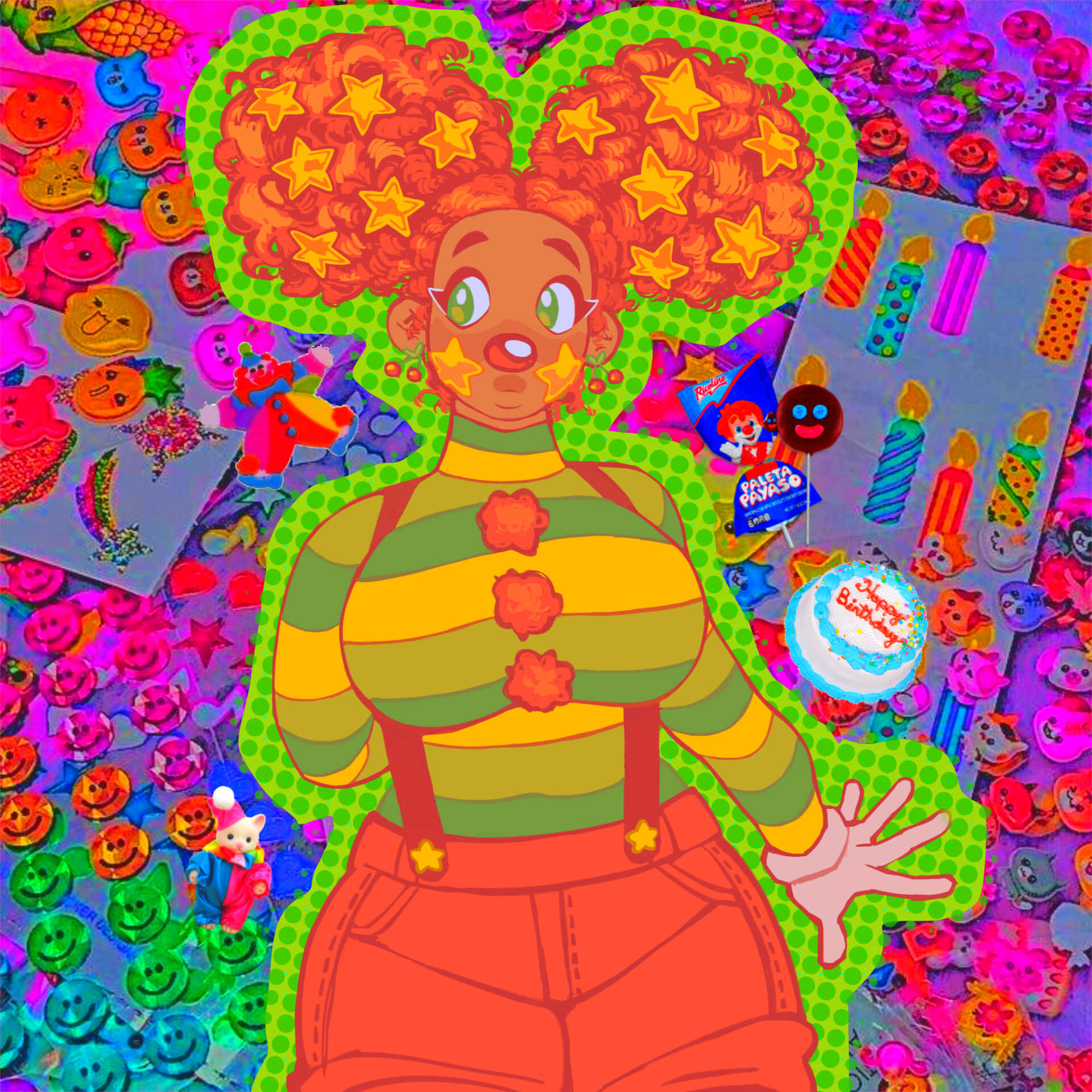 clowncore, vibrant cartoon clown, star-studded orange hair, Full HD Desktop Wallpaper