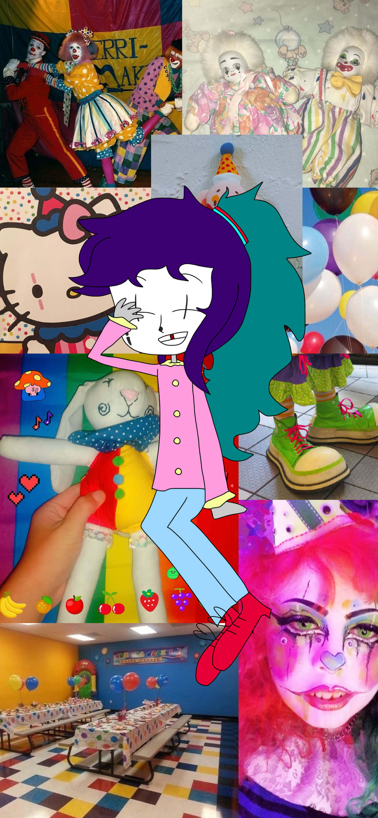 clowncore aesthetic, clowns, colorful balloons, 2K Phone Wallpaper