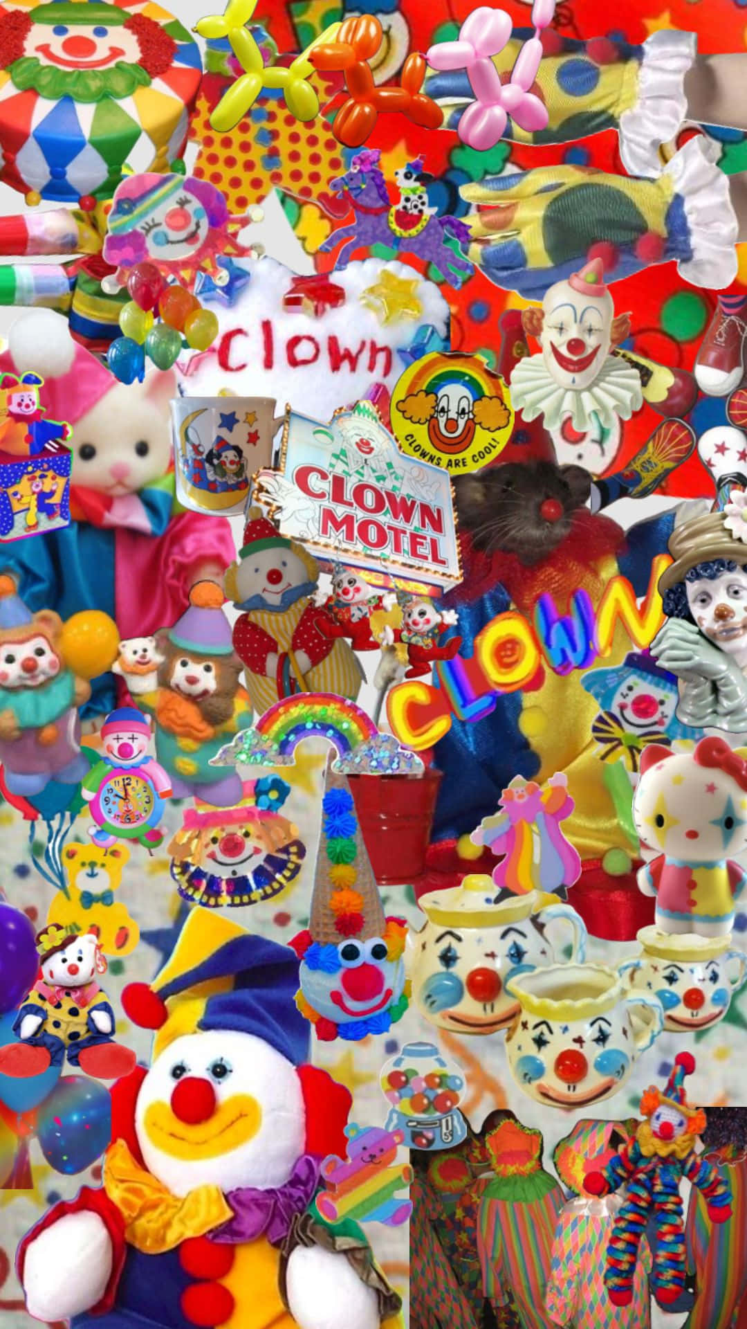 colorful clown collage aesthetic, clown toys, balloons, Full HD Phone Wallpaper