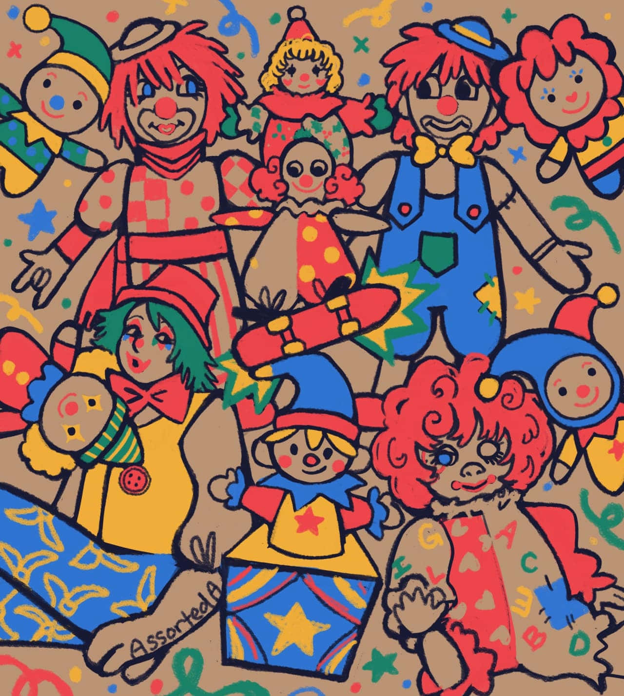 colorful clown collage artwork, vibrant cartoon illustration, diverse clowns, HD Phone Wallpaper