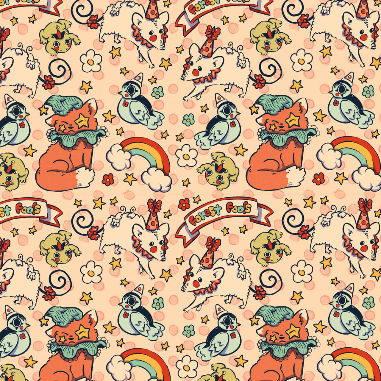 clown themed animal pattern, cartoon foxes, owls, HD Desktop Wallpaper