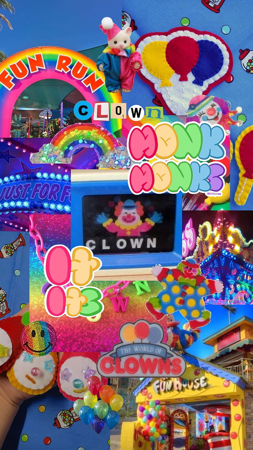 colorful clown collage aesthetic, clown-themed carnival decorations, rainbow arches, HD Phone Wallpaper