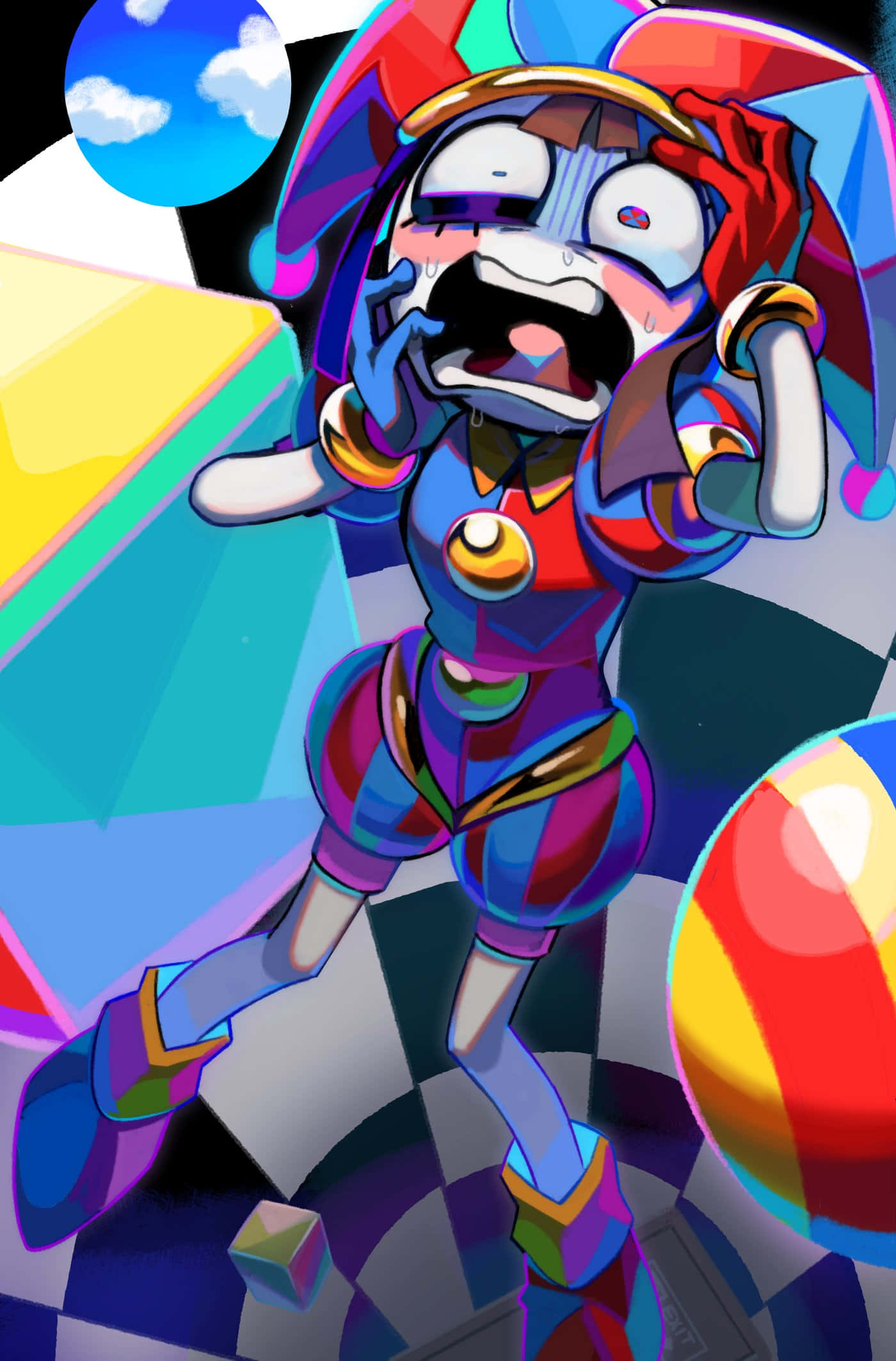 colorful jester outfit, screams with wide eyes, geometric background, Full HD Phone Wallpaper