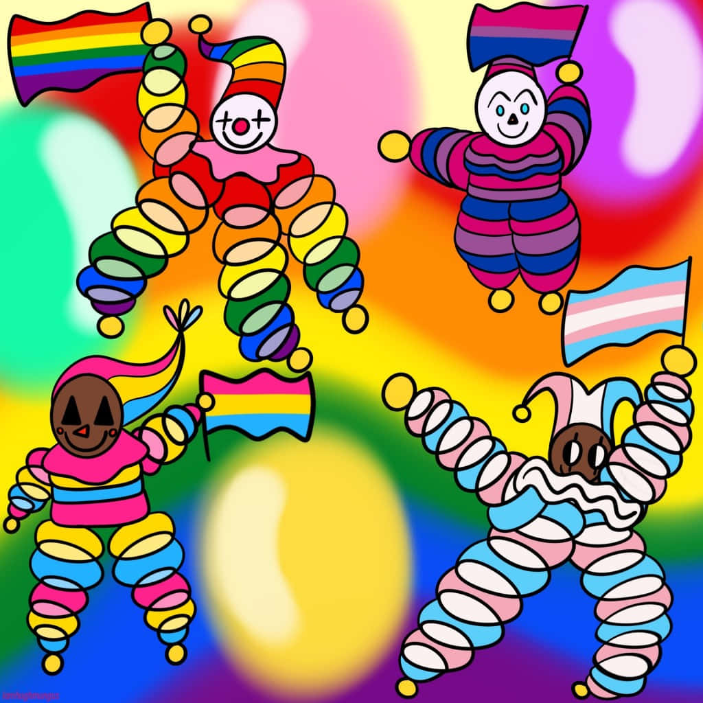 colorful clown characters, rainbow and pride flags, balloon-clown figures, SD Desktop Wallpaper