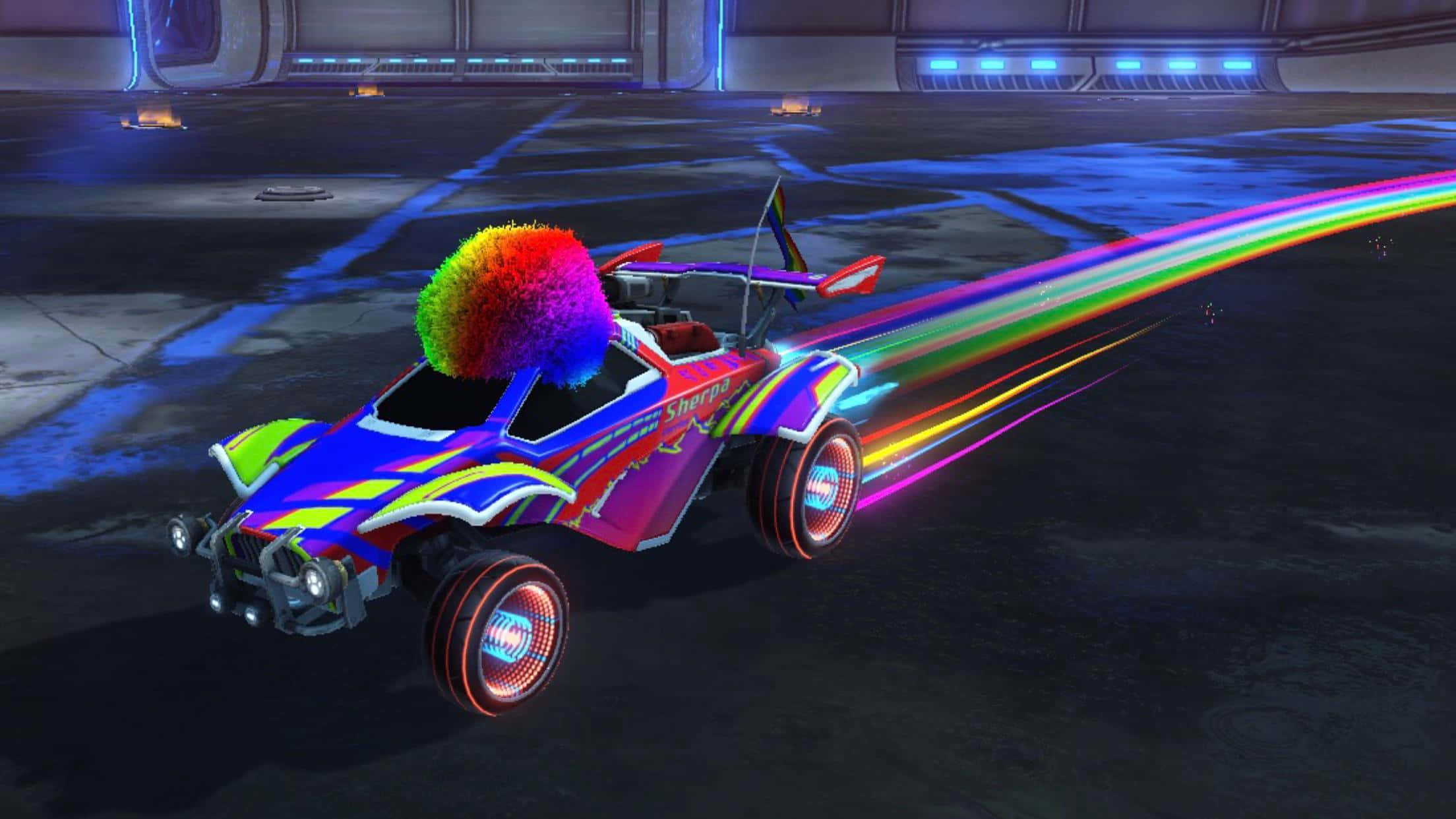 Colorful Clown Car, rainbow trail, futuristic garage, Full HD Desktop Wallpaper