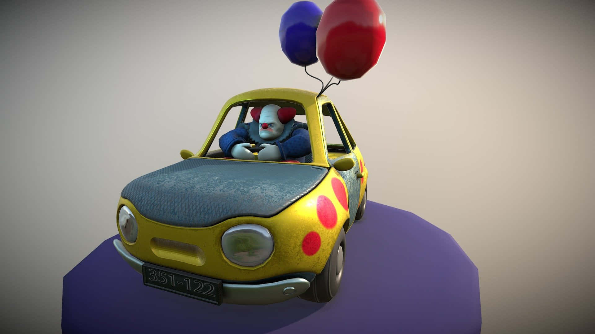 clown, yellow polka-dotted car, red and blue balloons, Full HD Desktop Wallpaper
