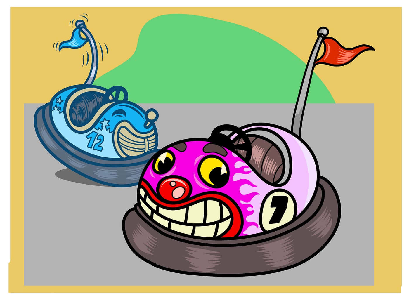 pink bumper car, grinning face, number 7, HD Desktop Wallpaper