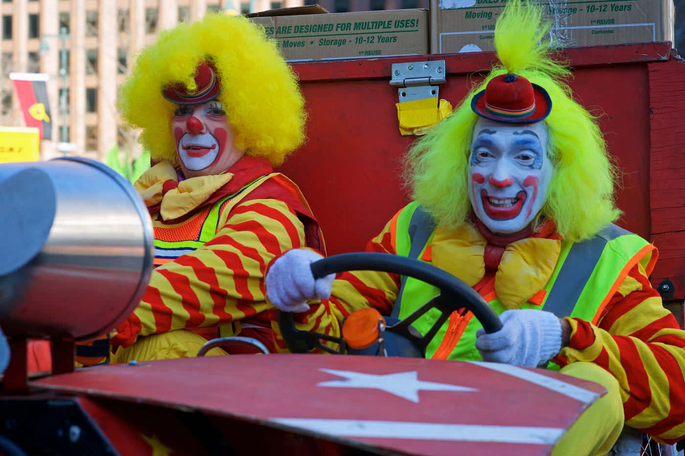colorful clowns, bright yellow hair, red yellow striped outfits, HD Desktop Wallpaper