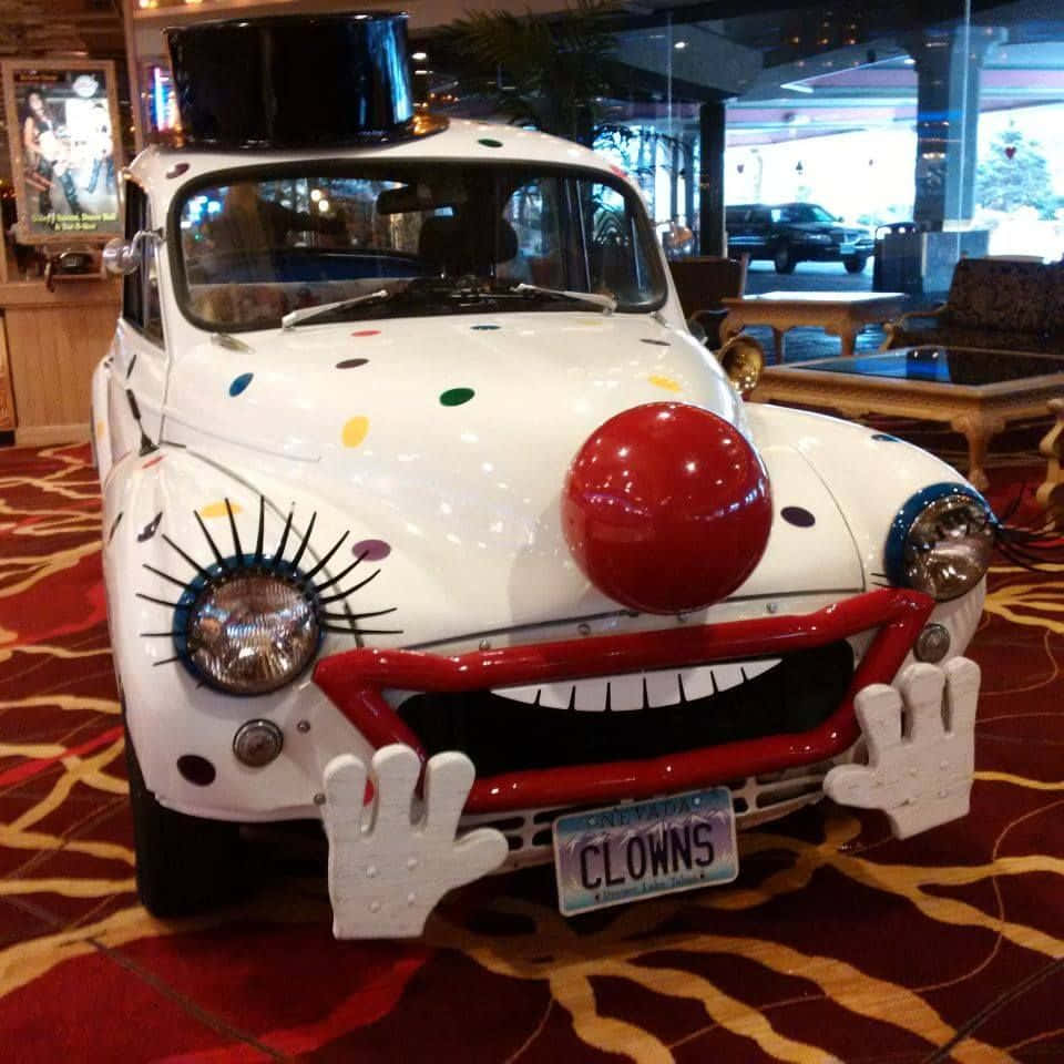 clown themed vehicle decor, white vintage car, red nose, SD Desktop Wallpaper