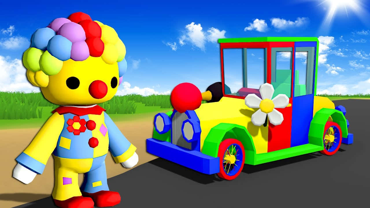 colorful clown, rainbow hairball, brightly colored toy car, HD Desktop Wallpaper