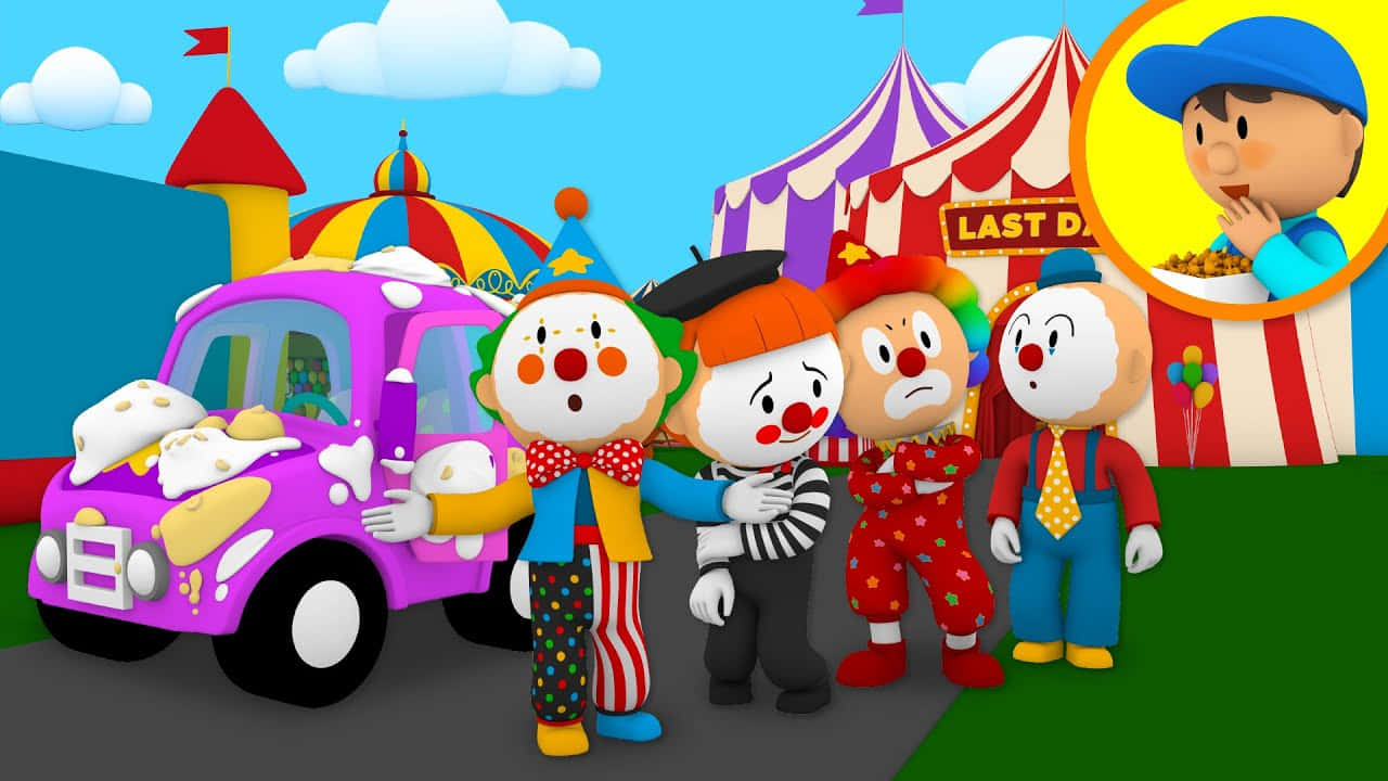 colorful clown car, pink ice cream truck, striped tent, HD Desktop Wallpaper
