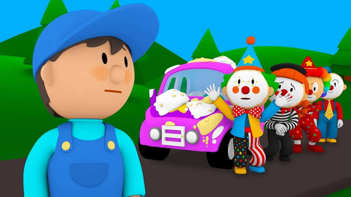Clown Car, blue-capped boy, overalls, SD Desktop Wallpaper