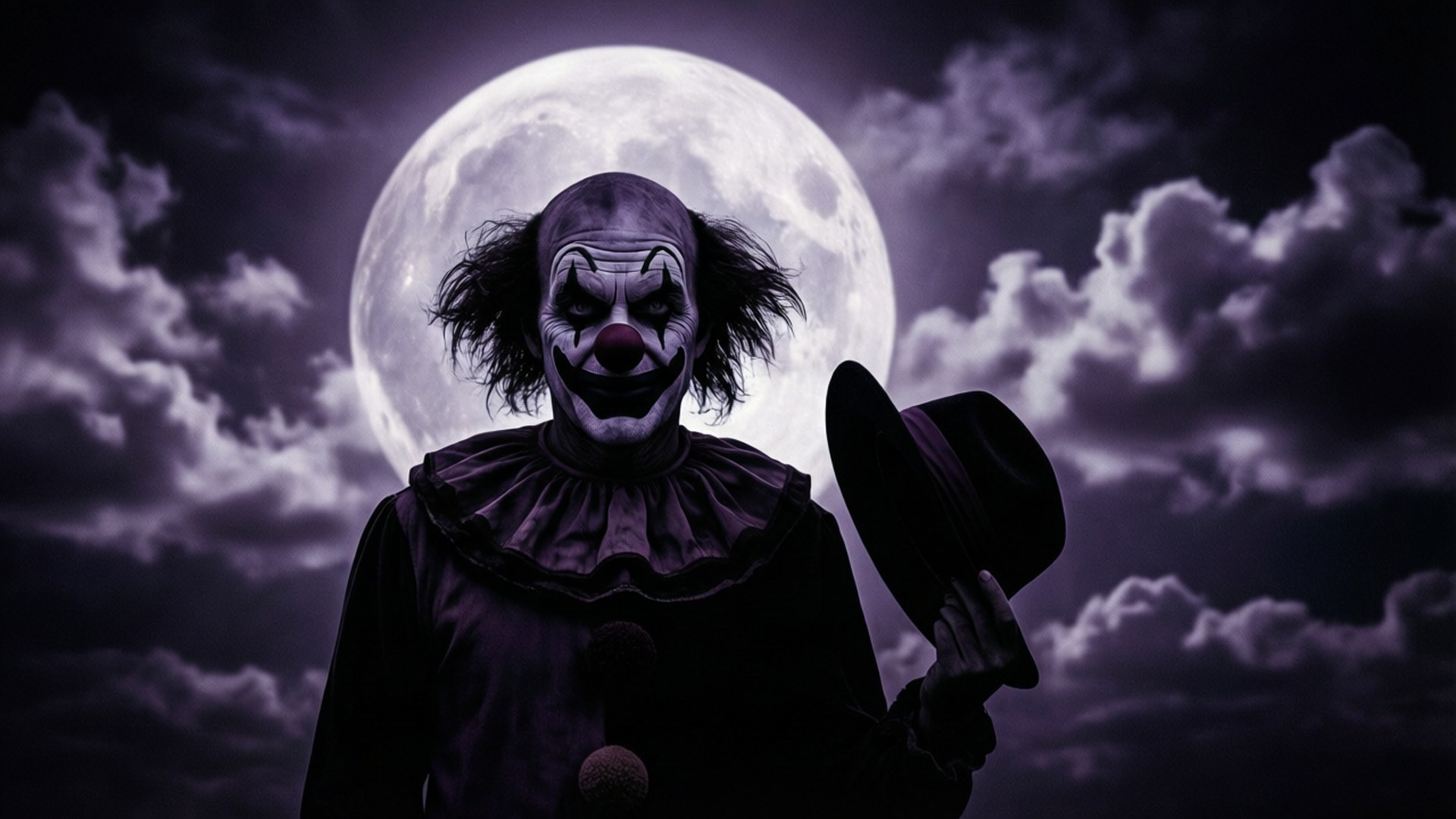 Clown, full moon, stormy purple sky, Full HD Desktop Wallpaper