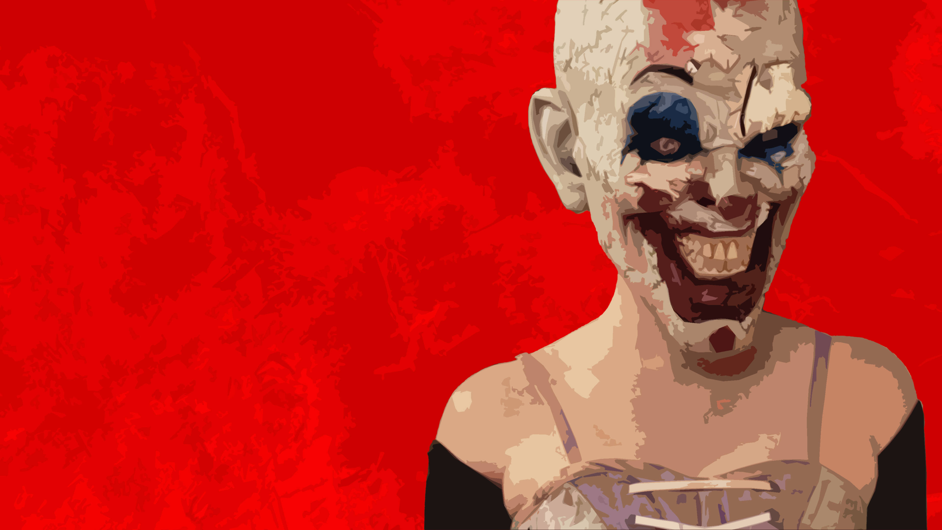 ugly bald clown, cracked makeup, wide grin, 4K Desktop Wallpaper
