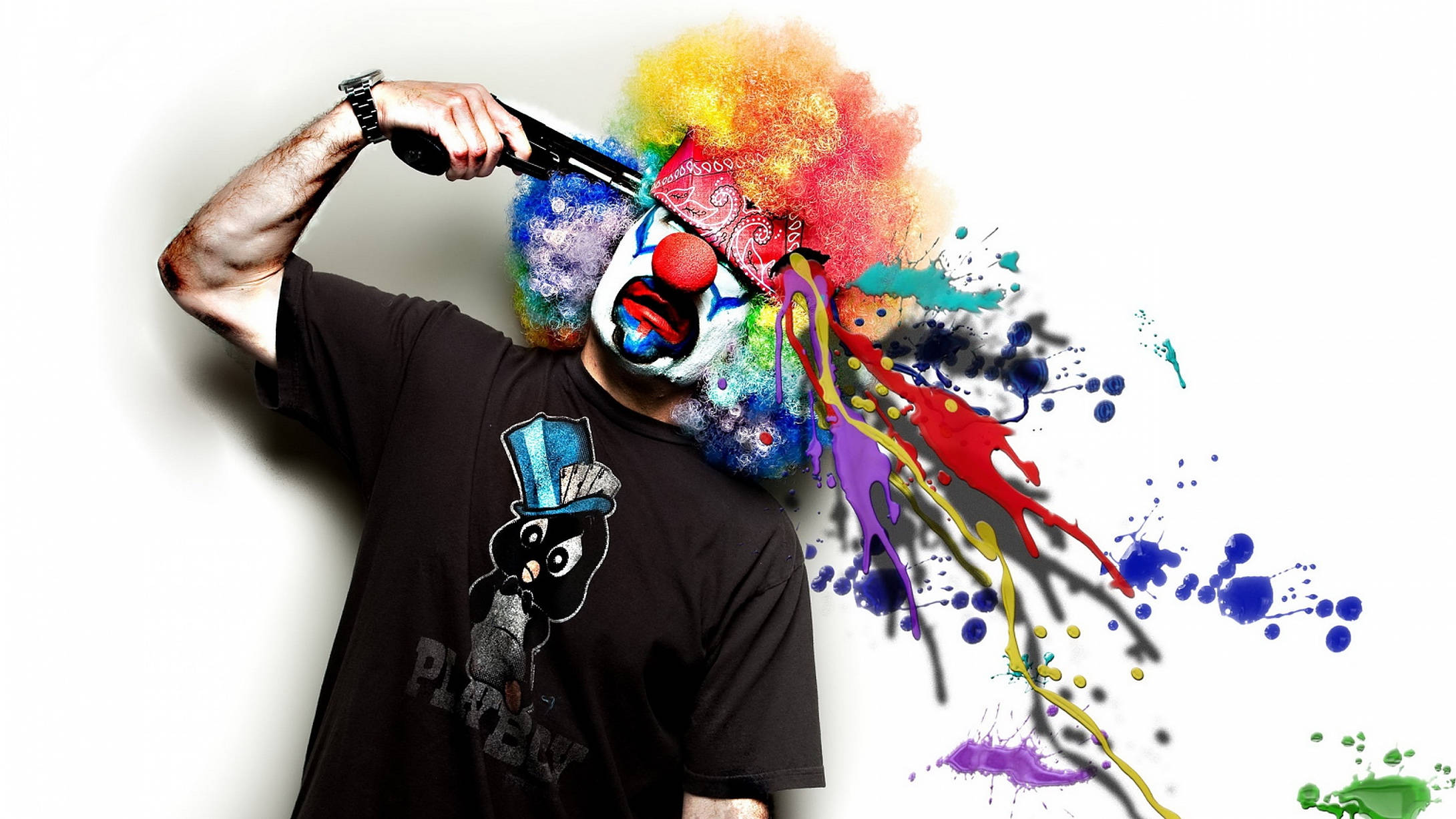clown mask, gun, vibrant paint, Full HD Desktop Wallpaper