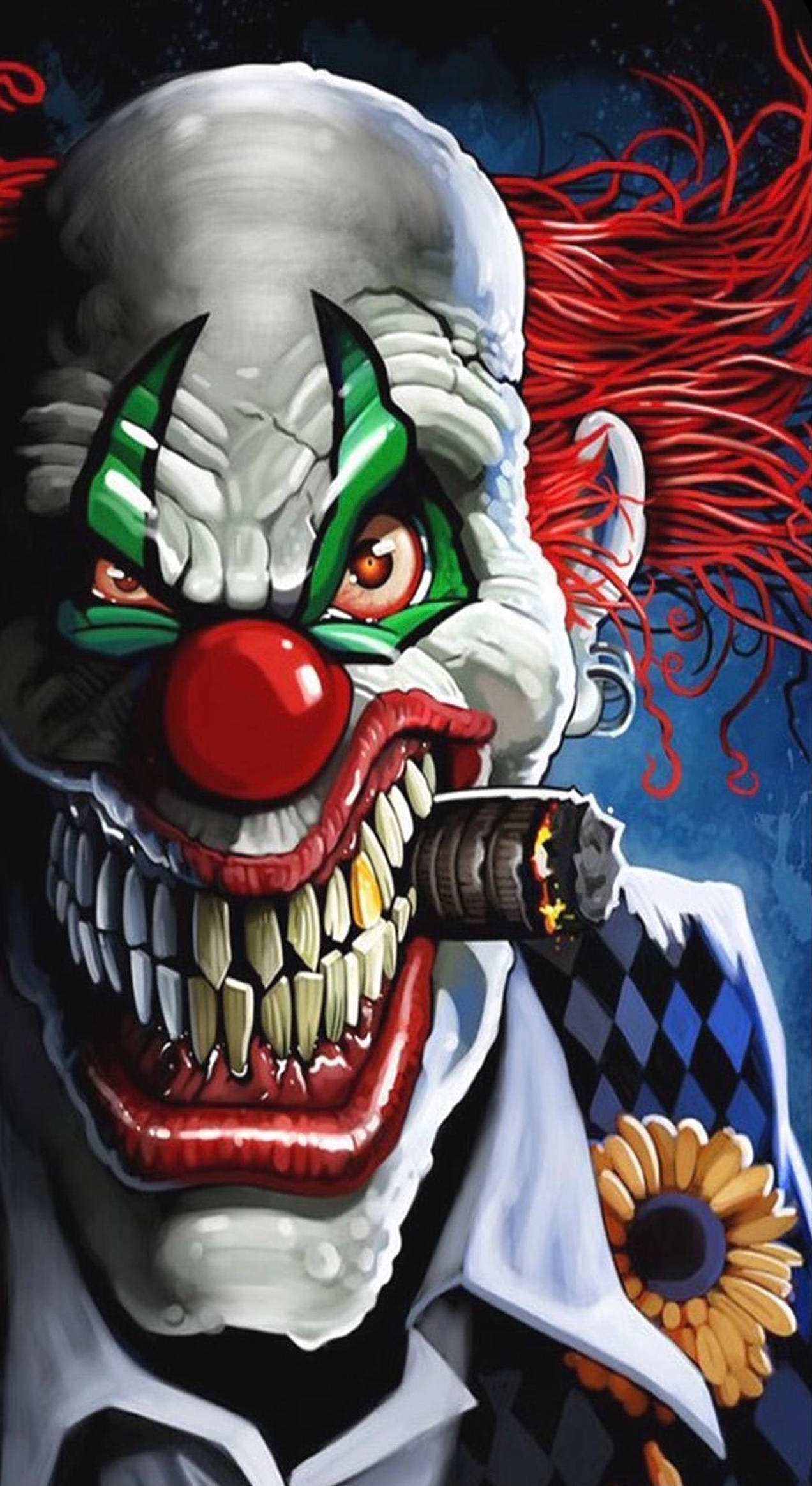 scary clown, green eyes, red nose, Full HD Phone Wallpaper