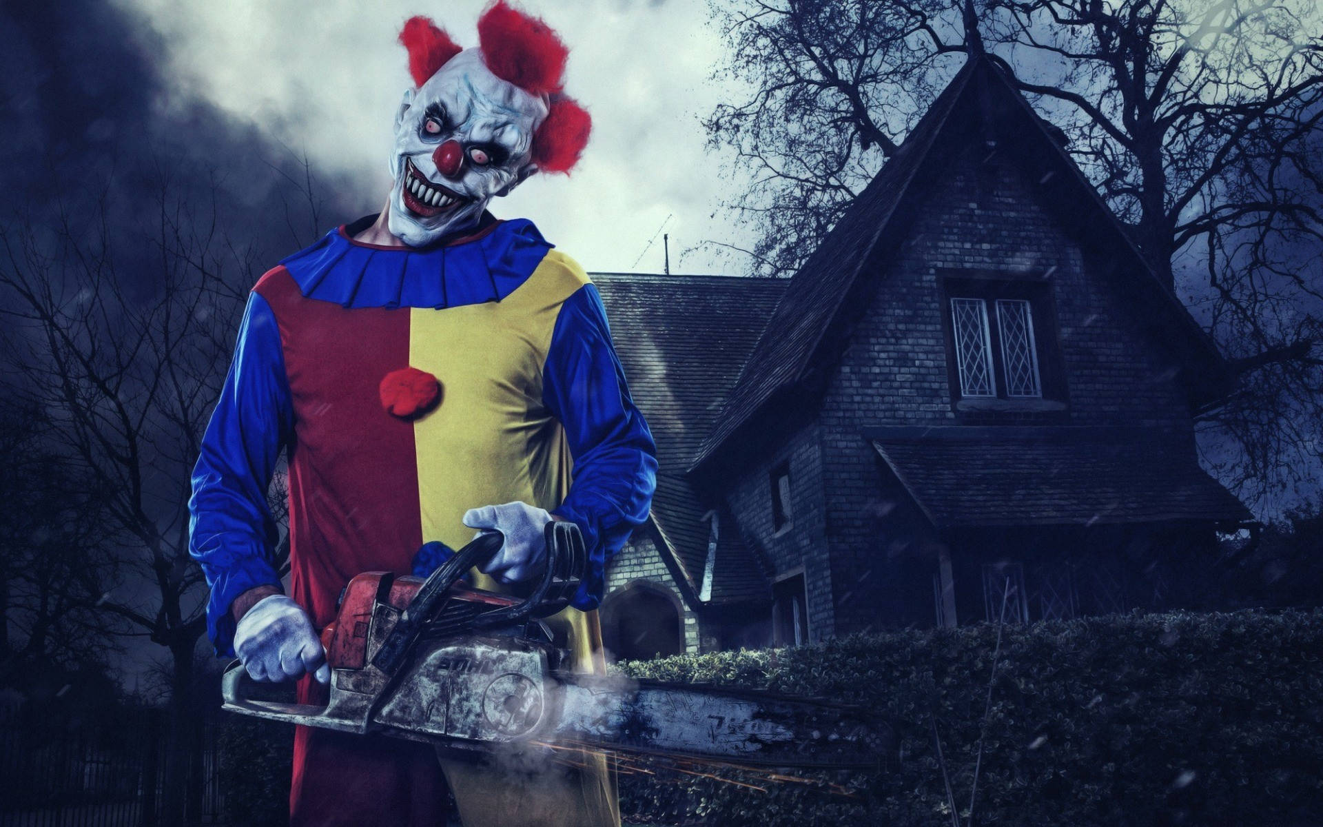clown, chainsaw, red hair, Full HD Desktop Wallpaper