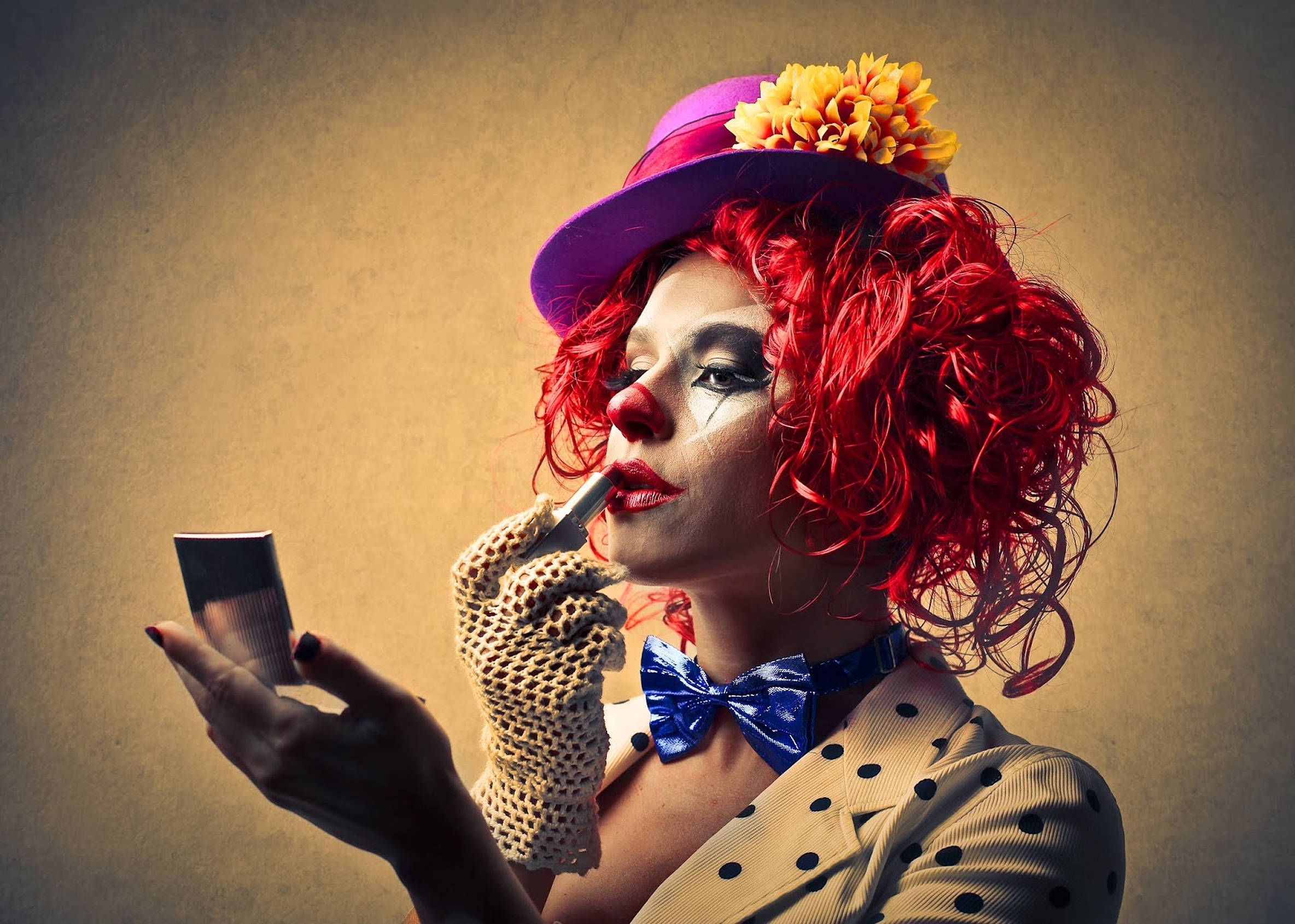 Red Hair Clown, fiery red curls, purple hat, Full HD Desktop Wallpaper