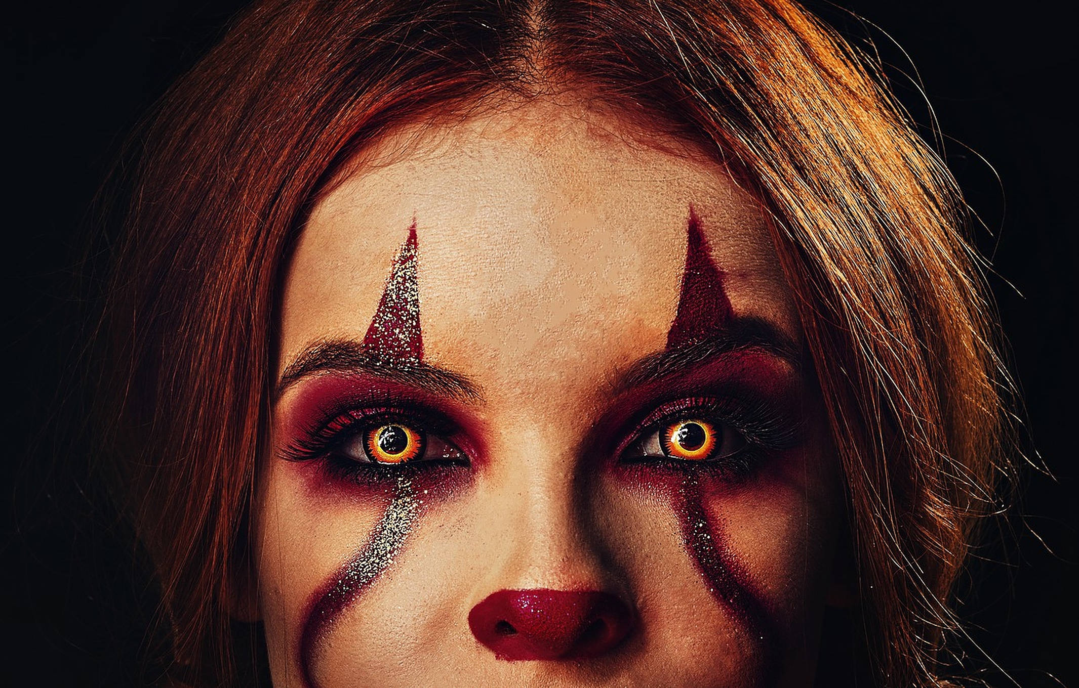 clown makeup, red and black clown makeup, glittery triangles, Full HD Desktop Wallpaper