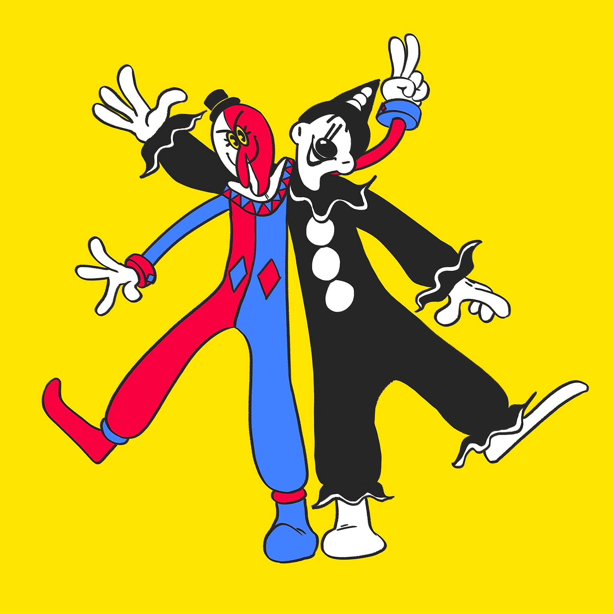cartoon clowns, red costumes, blue costumes, Full HD Desktop Wallpaper