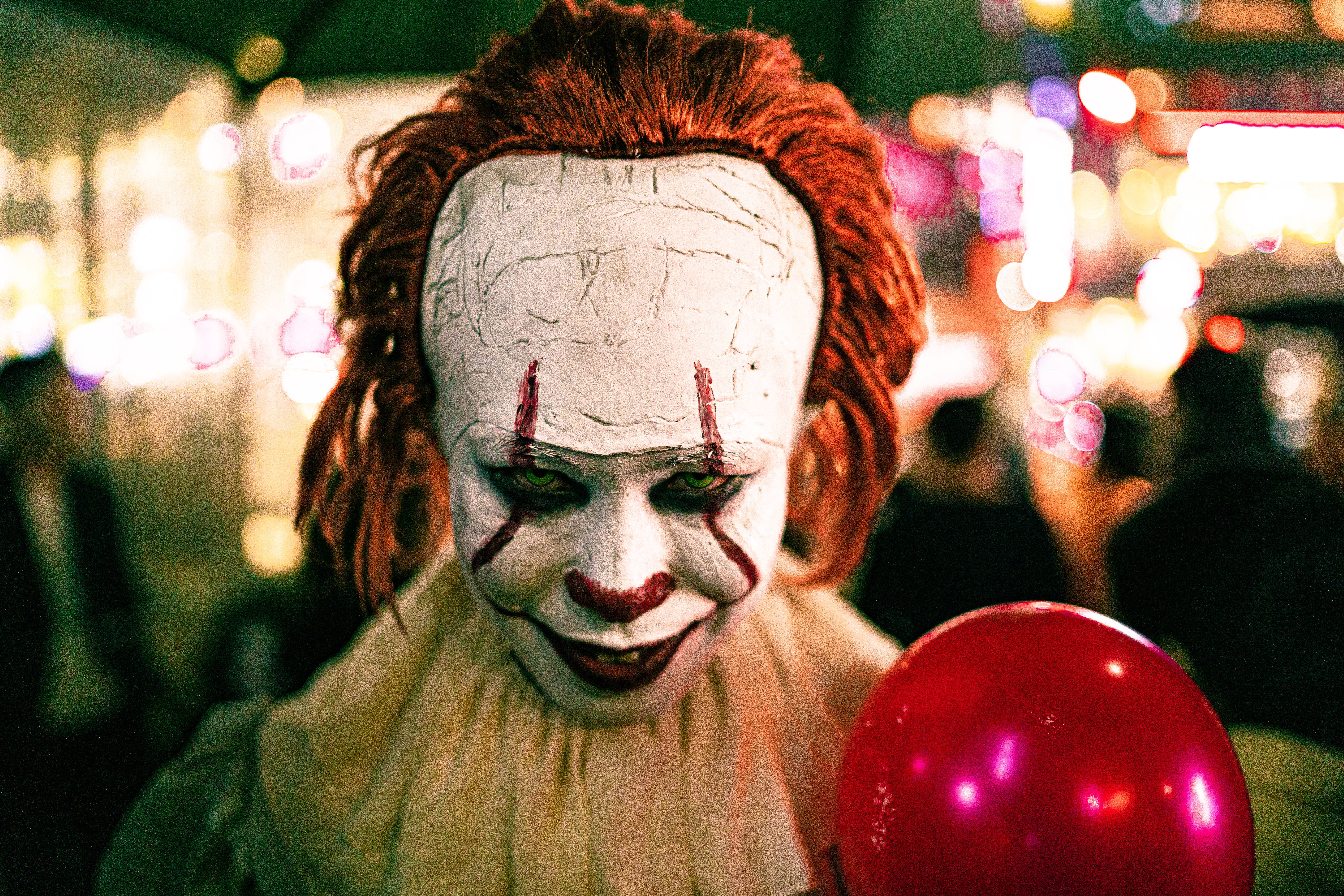 Scary Avatar Clown, cracked white face paint, red hair, 5K Desktop Wallpaper