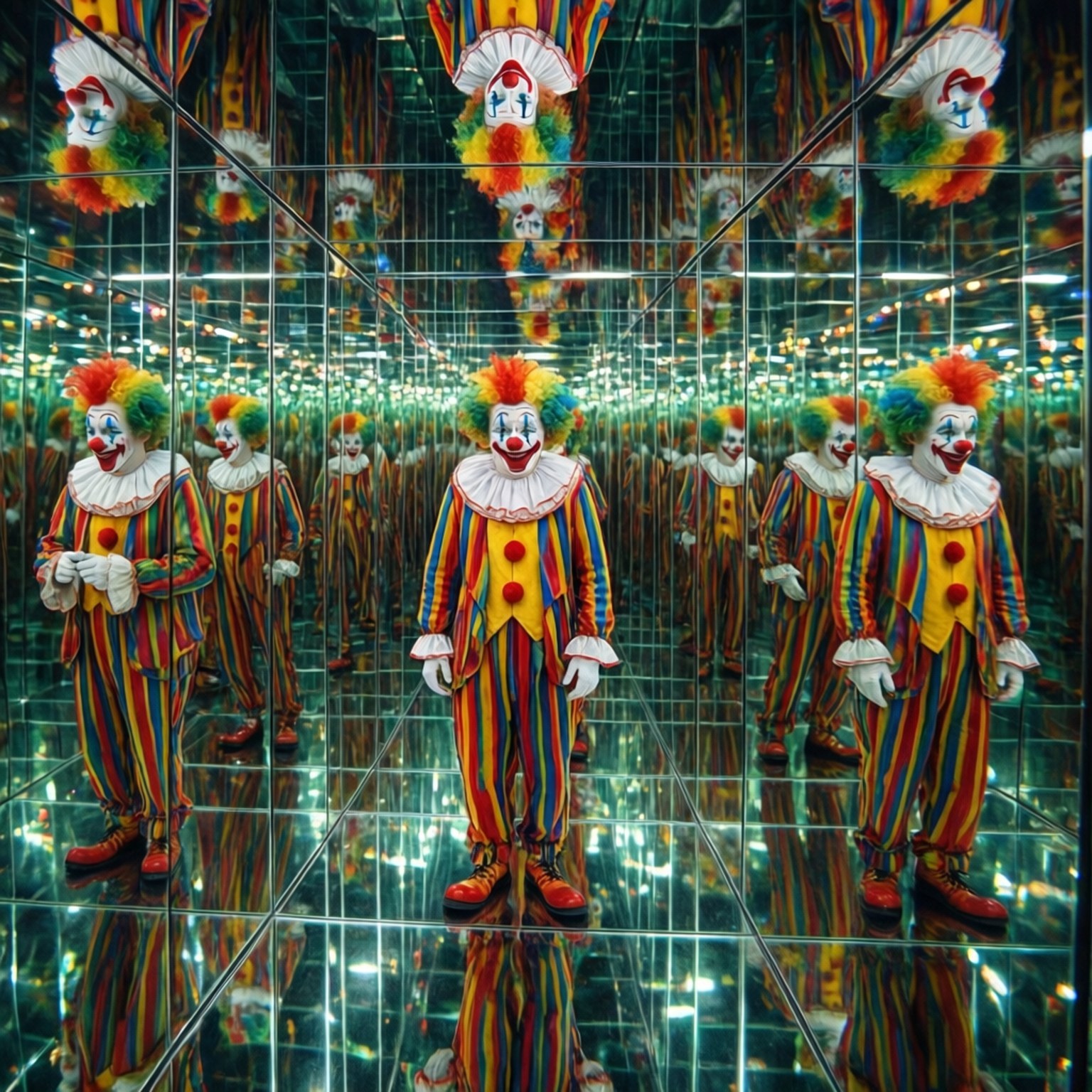 clown, mirror maze, rainbow striped suit, HD Desktop Wallpaper