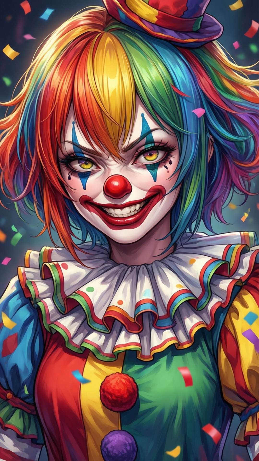 anime clown girl, rainbow-haired, sinister grin, Full HD Phone Wallpaper