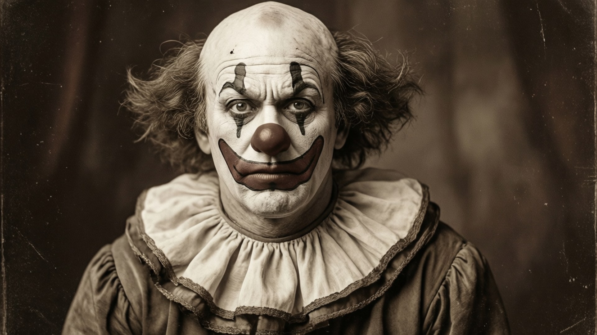 vintage clown portrait, white face paint, black tears, Full HD Desktop Wallpaper