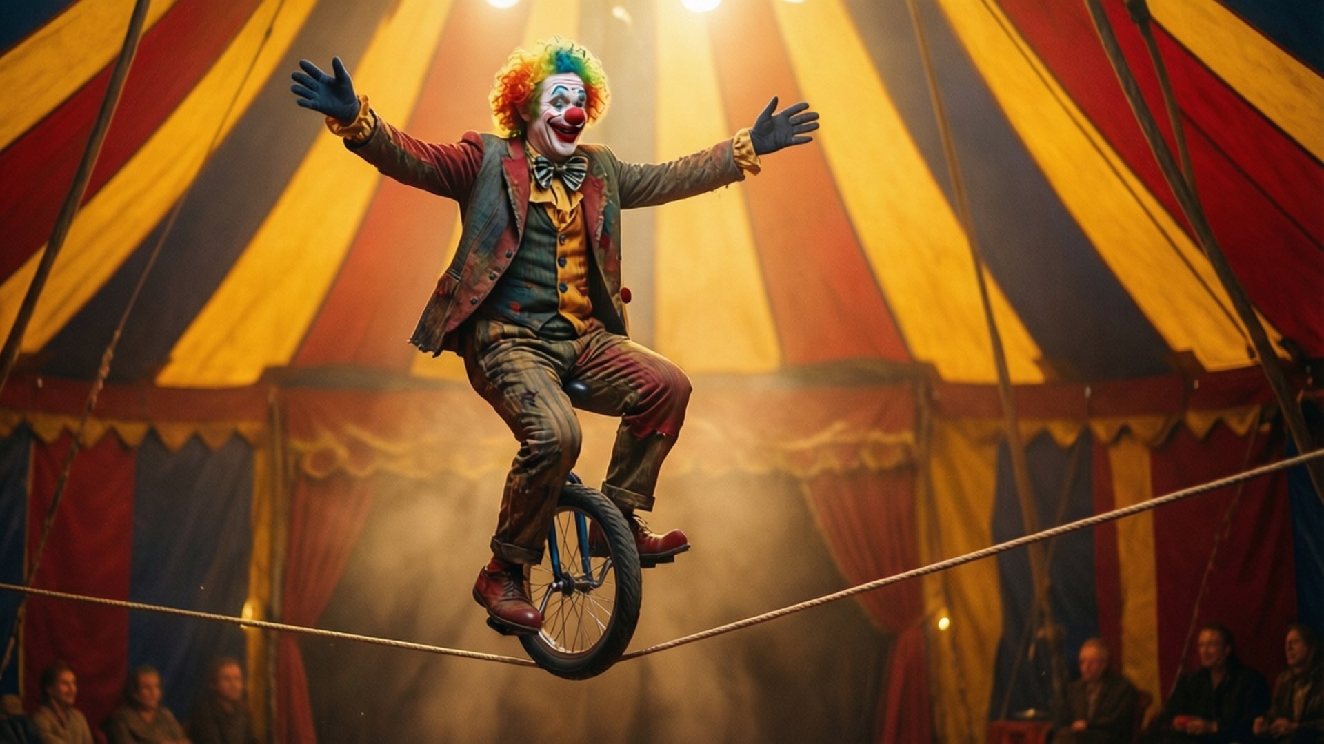 unicycle, clown, tightrope, Full HD Desktop Wallpaper