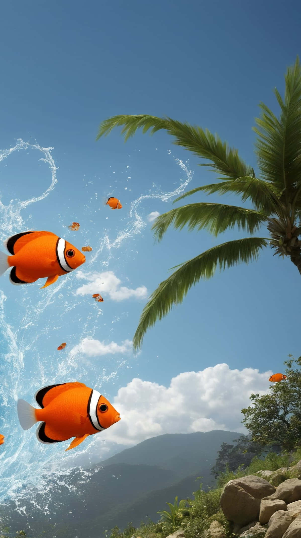 Clownfish, leap, splashing water, Full HD Phone Wallpaper