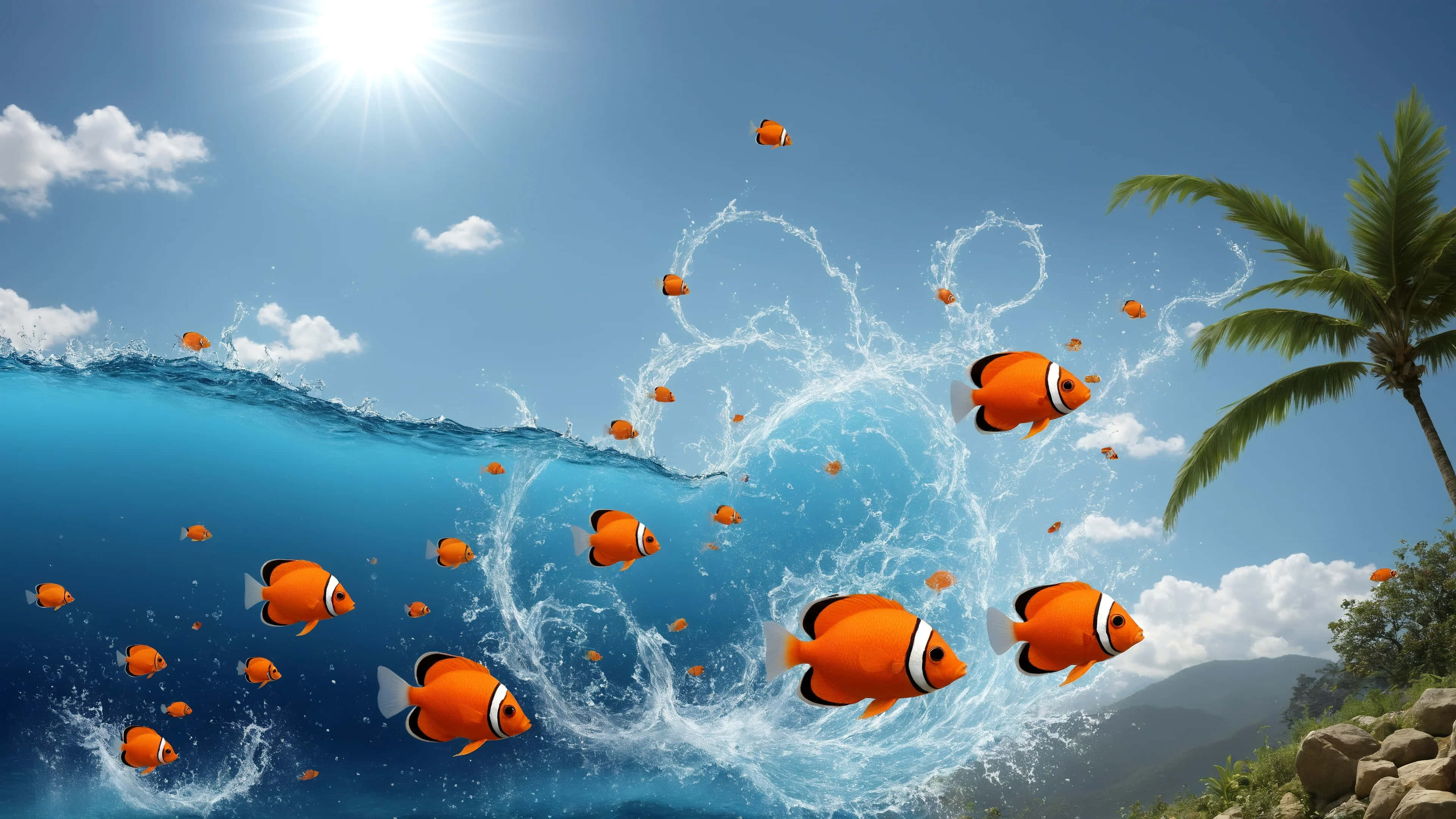 Clownfish, sunny sky, turquoise ocean waves, 4K Desktop Wallpaper