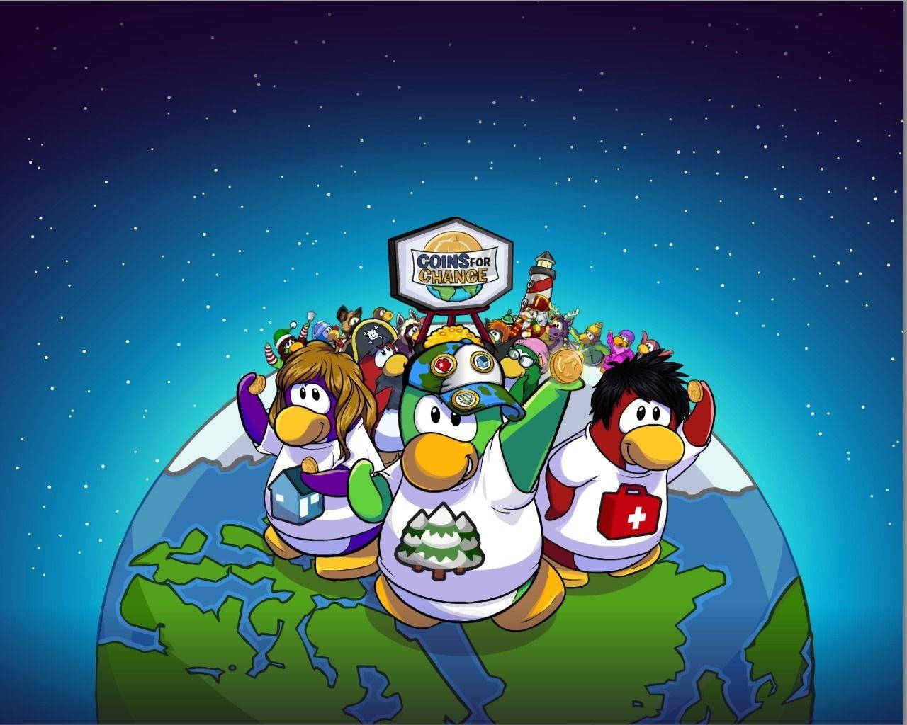 Club Penguin, planet globe, starry night sky, HD Desktop Wallpaper