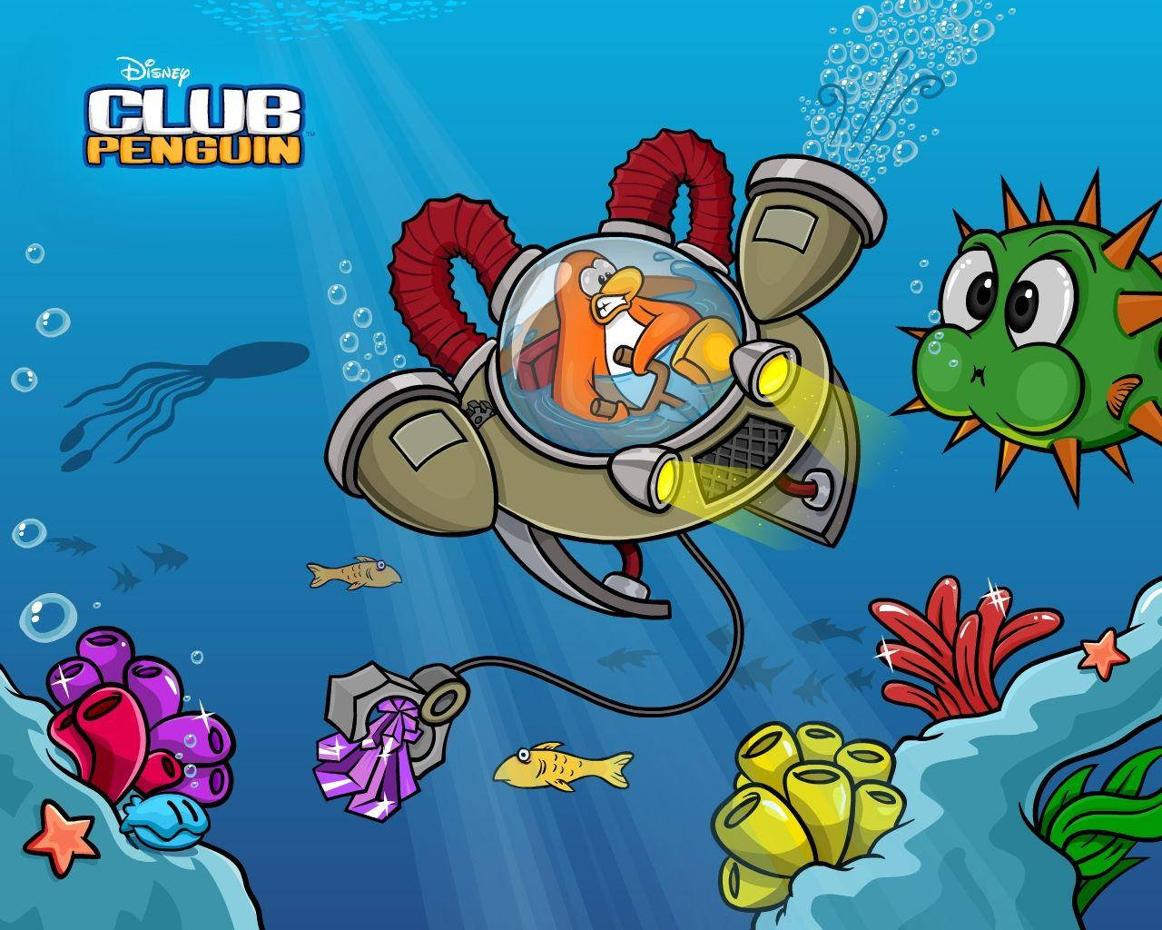 Club Penguin, orange penguin, diving suit, HD Desktop Wallpaper