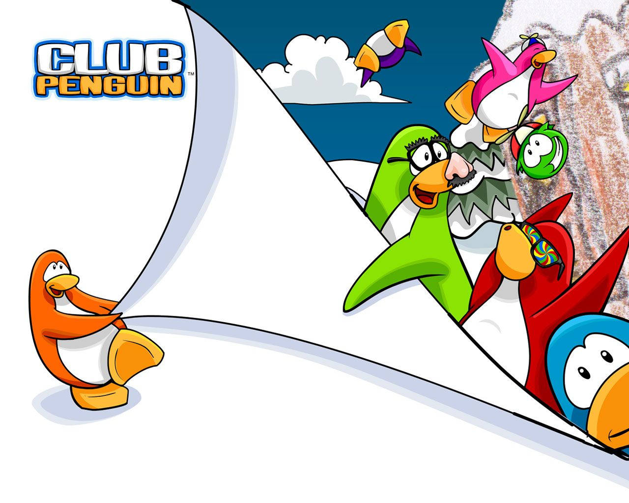 Club Penguin, cartoon penguin, sledding, HD Desktop Wallpaper