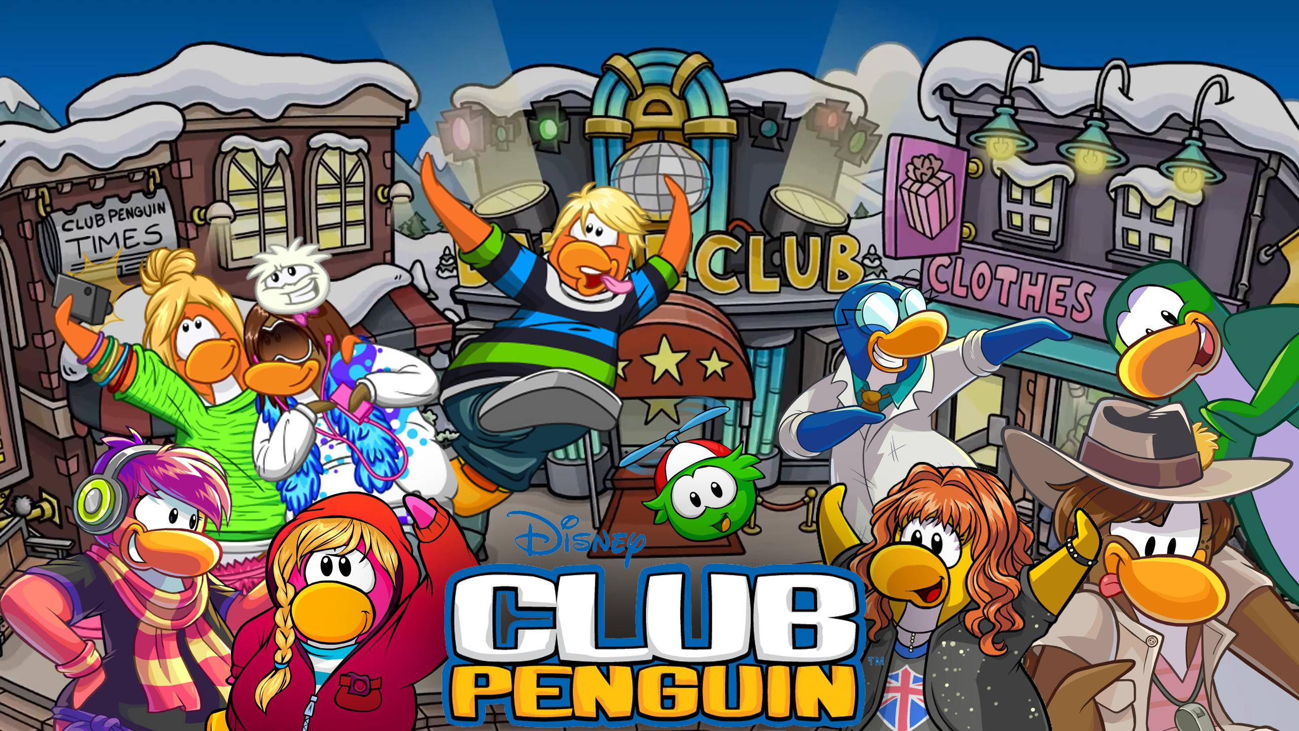 Club Penguin, winter scene, snow-covered buildings, 2K Desktop Wallpaper