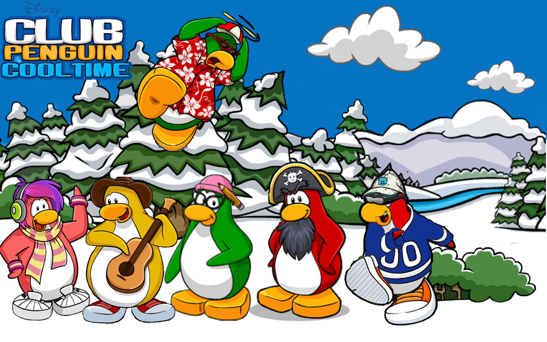 Club Penguin, singing carols, snowy landscape, Full HD Desktop Wallpaper