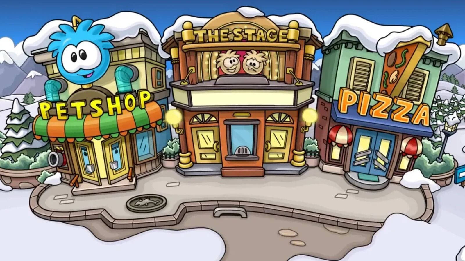 Club Penguin, village, pet shop stage, HD Desktop Wallpaper