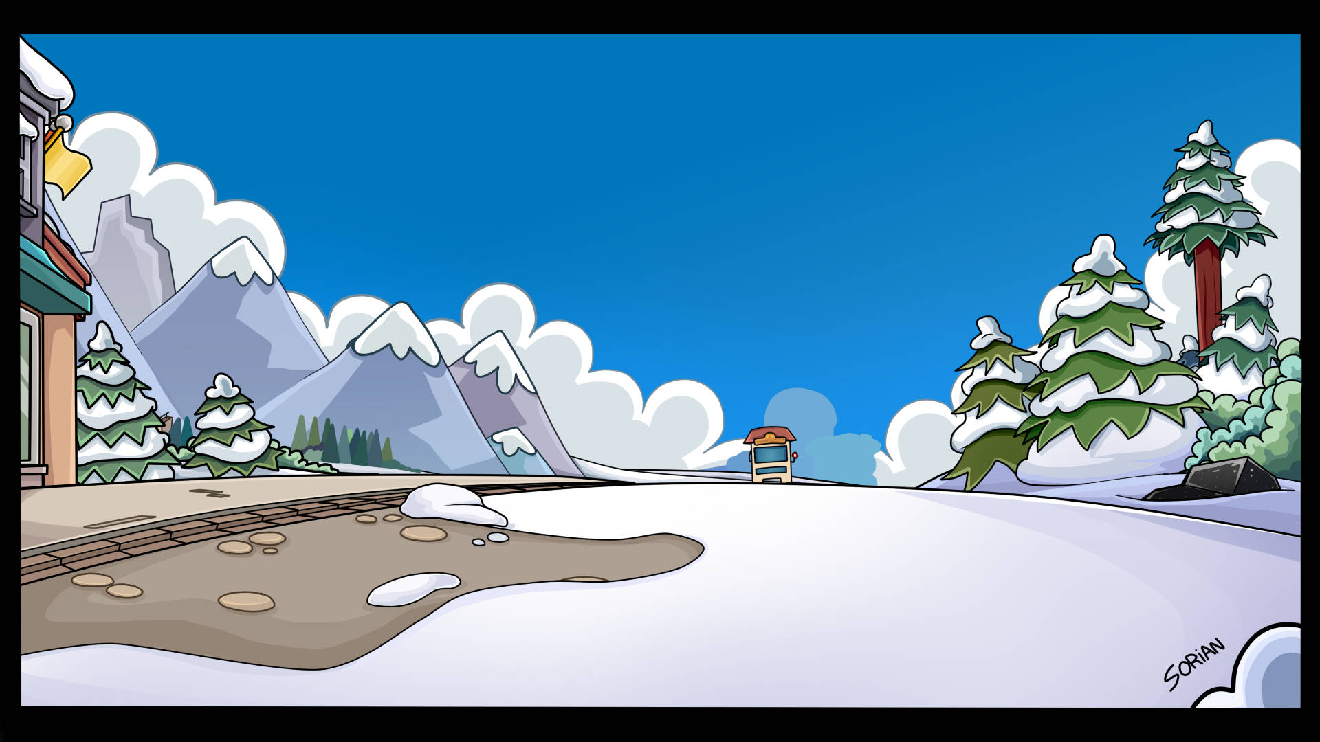 Club Penguin, winter environment, snowy mountain valley, Full HD Desktop Wallpaper