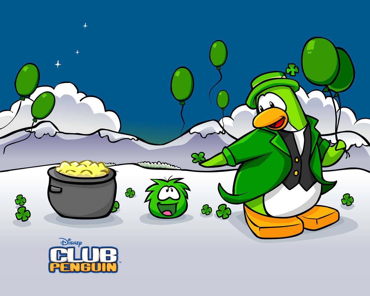 Club Penguin, green balloons, pot of gold coins, HD Desktop Wallpaper
