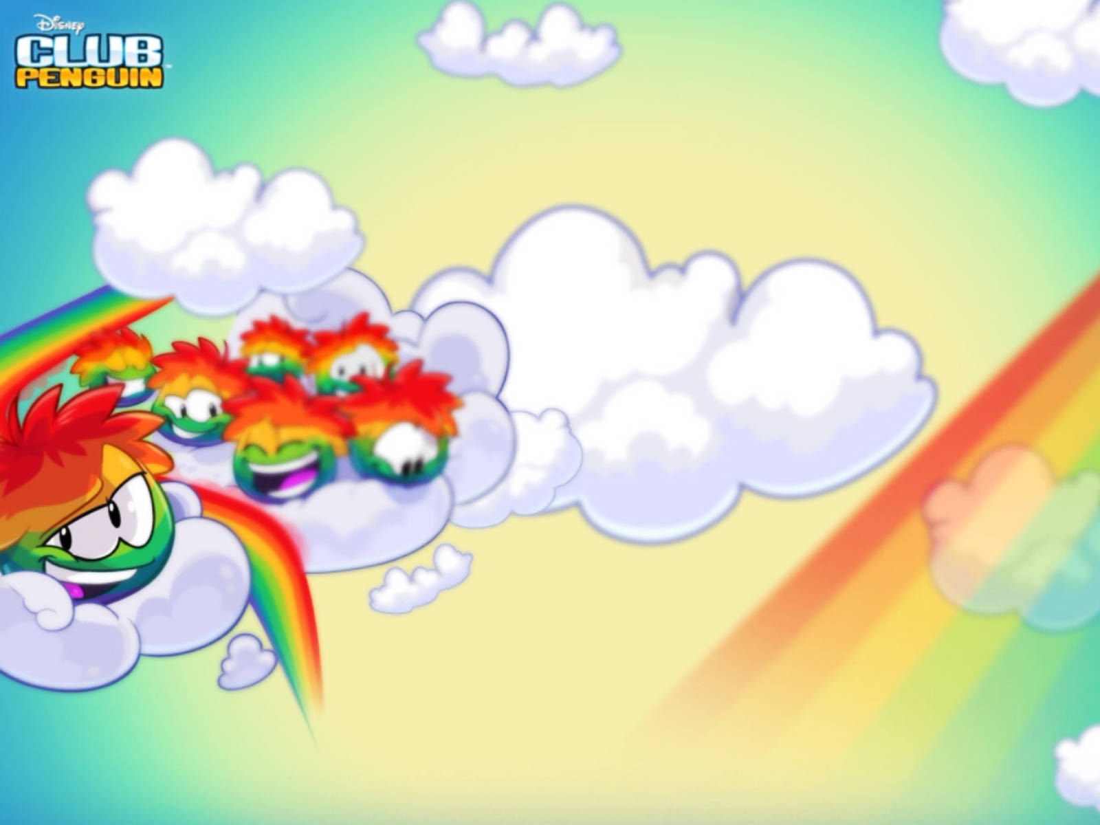 Club Penguin, rainbow-haired penguin characters, clouds, HD Desktop Wallpaper