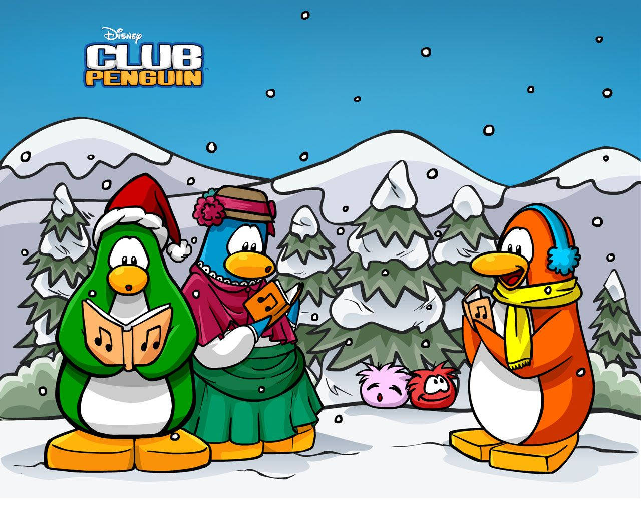 Club Penguin, mascot, snowy forest, HD Desktop Wallpaper
