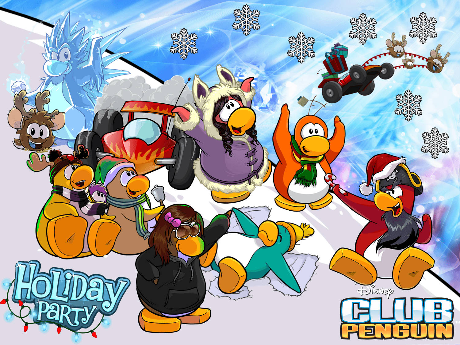 Club Penguin, penguins, snowy holiday party, HD Desktop Wallpaper