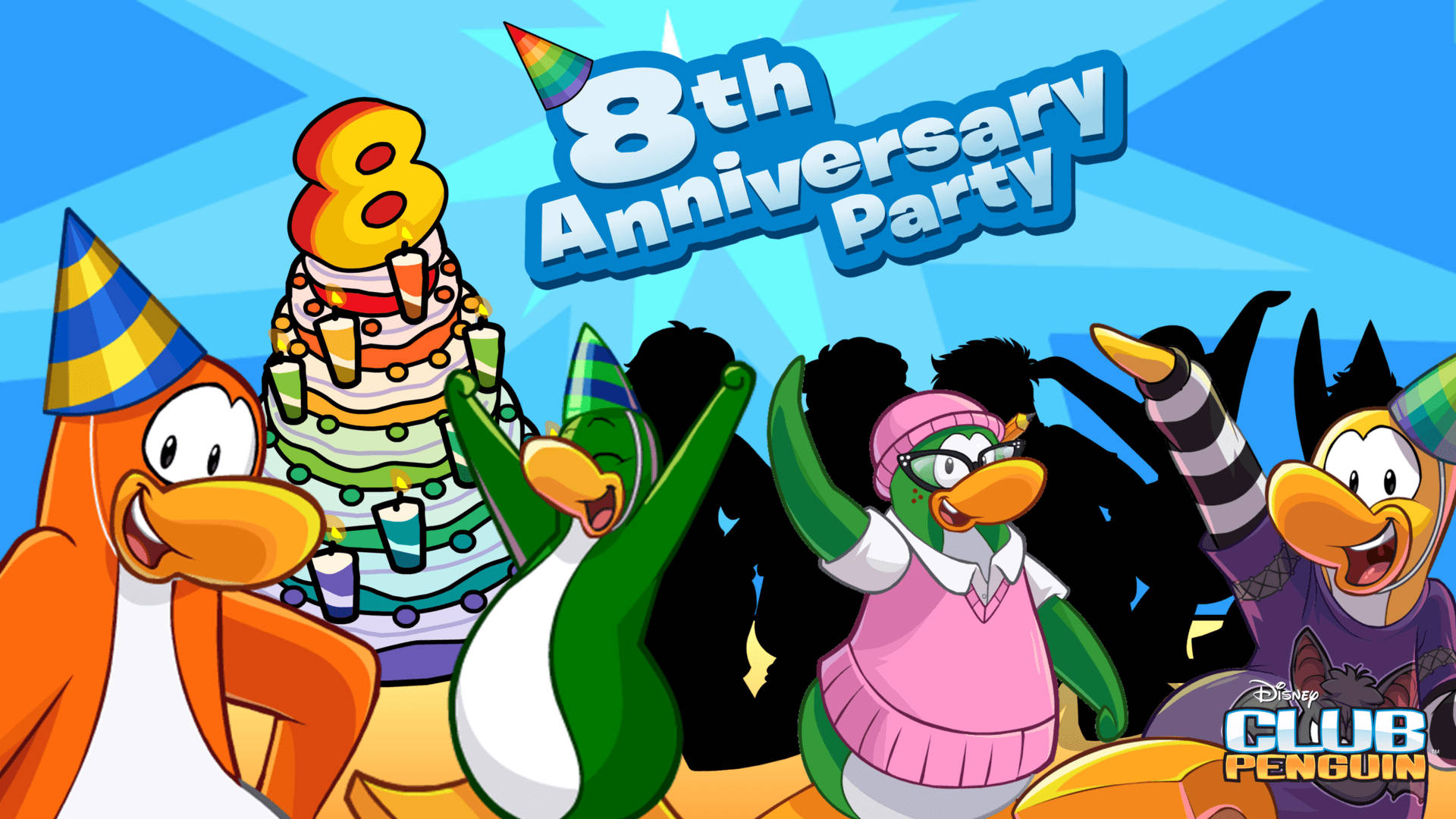 Club Penguin, penguins, party hats, Full HD Desktop Wallpaper