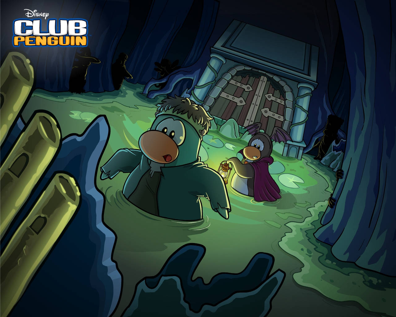 Club Penguin, cave, glowing green water, HD Desktop Wallpaper