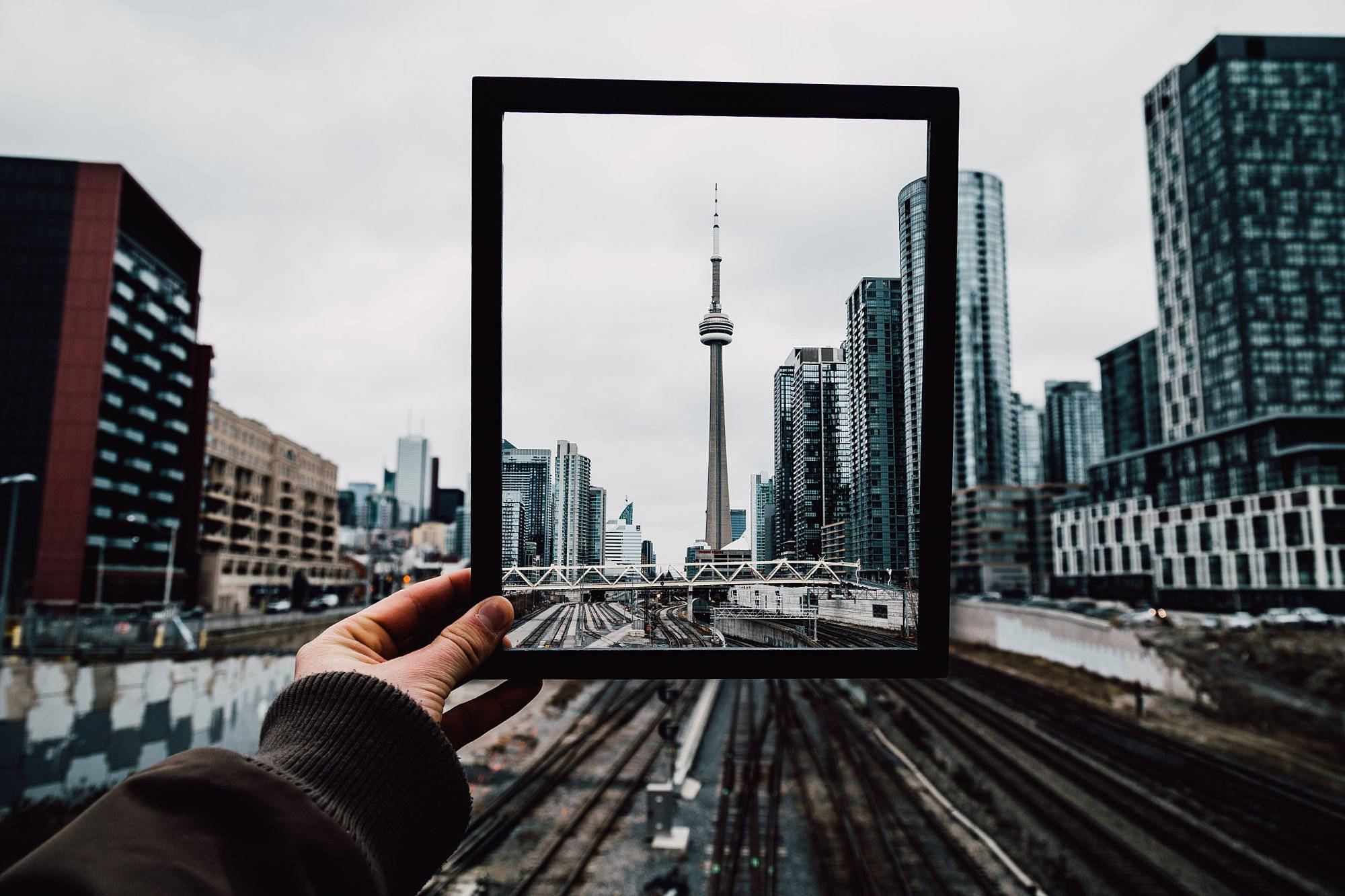 CN Tower, black frame, railway tracks, Full HD Desktop Wallpaper