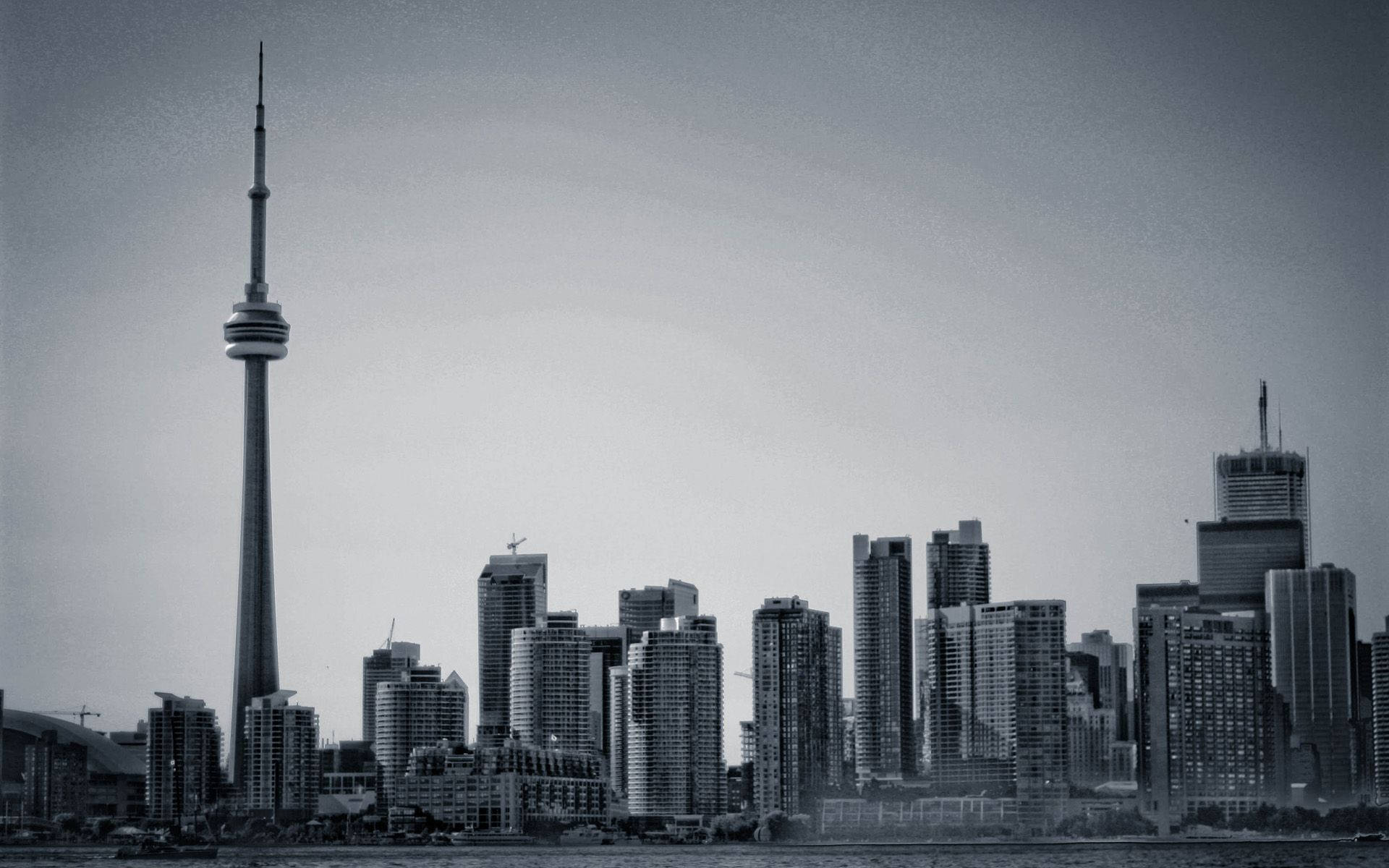 CN Tower, monochrome cityscape, modern skyscrapers, Full HD Desktop Wallpaper