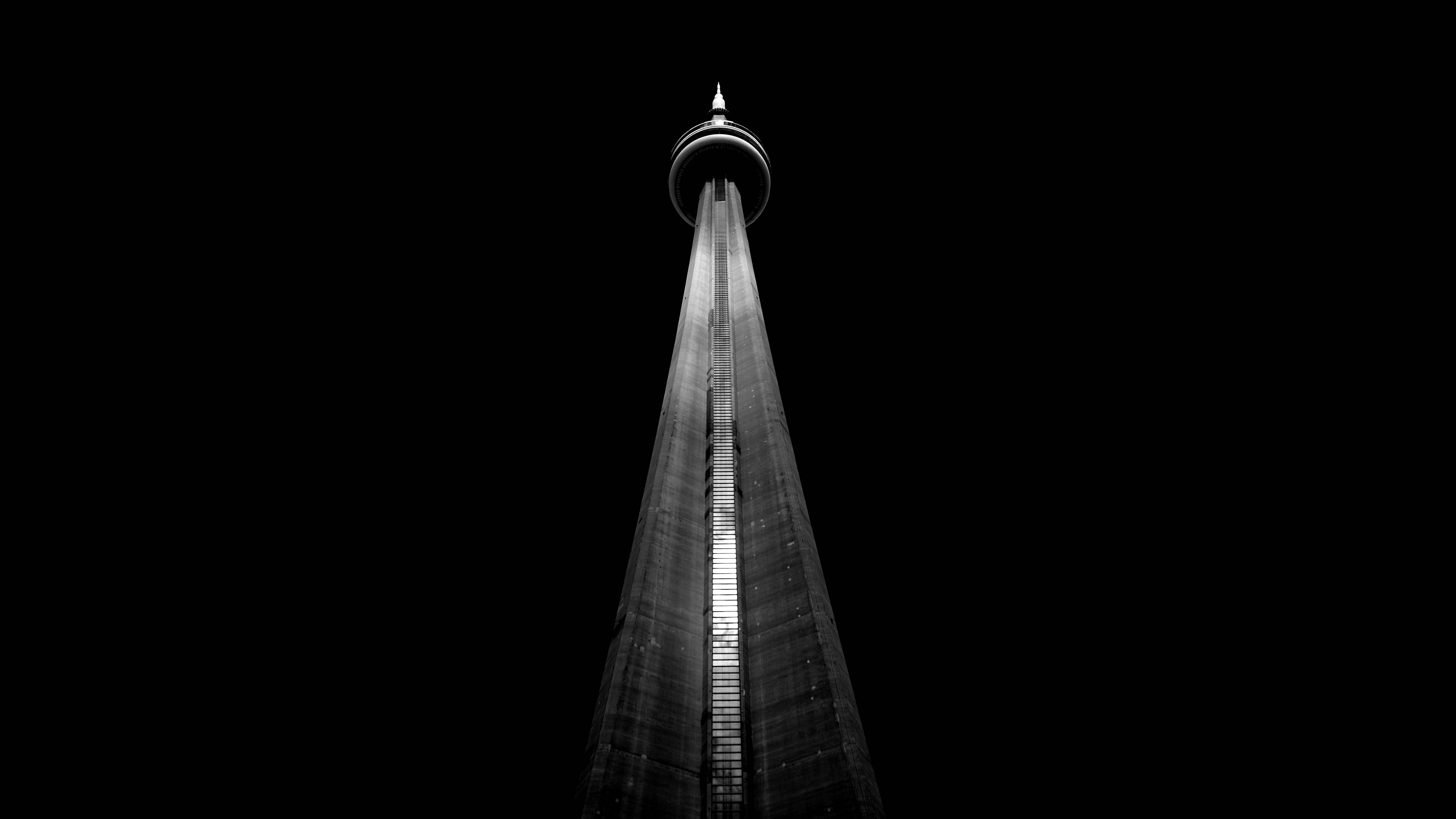 CN Tower, black, white, 4K Desktop Wallpaper