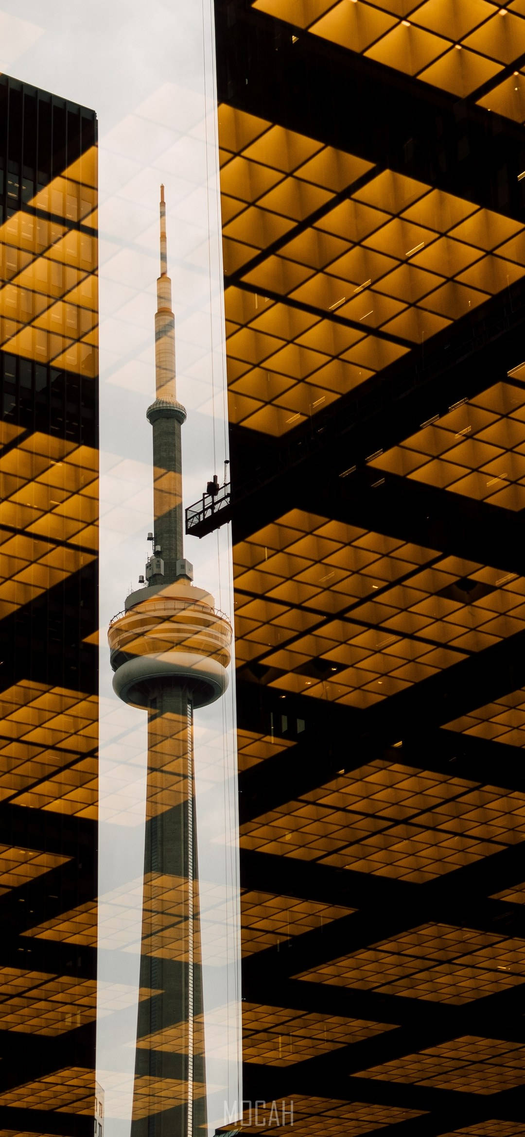 CN Tower, glass building, golden grid patterns, Full HD Phone Wallpaper